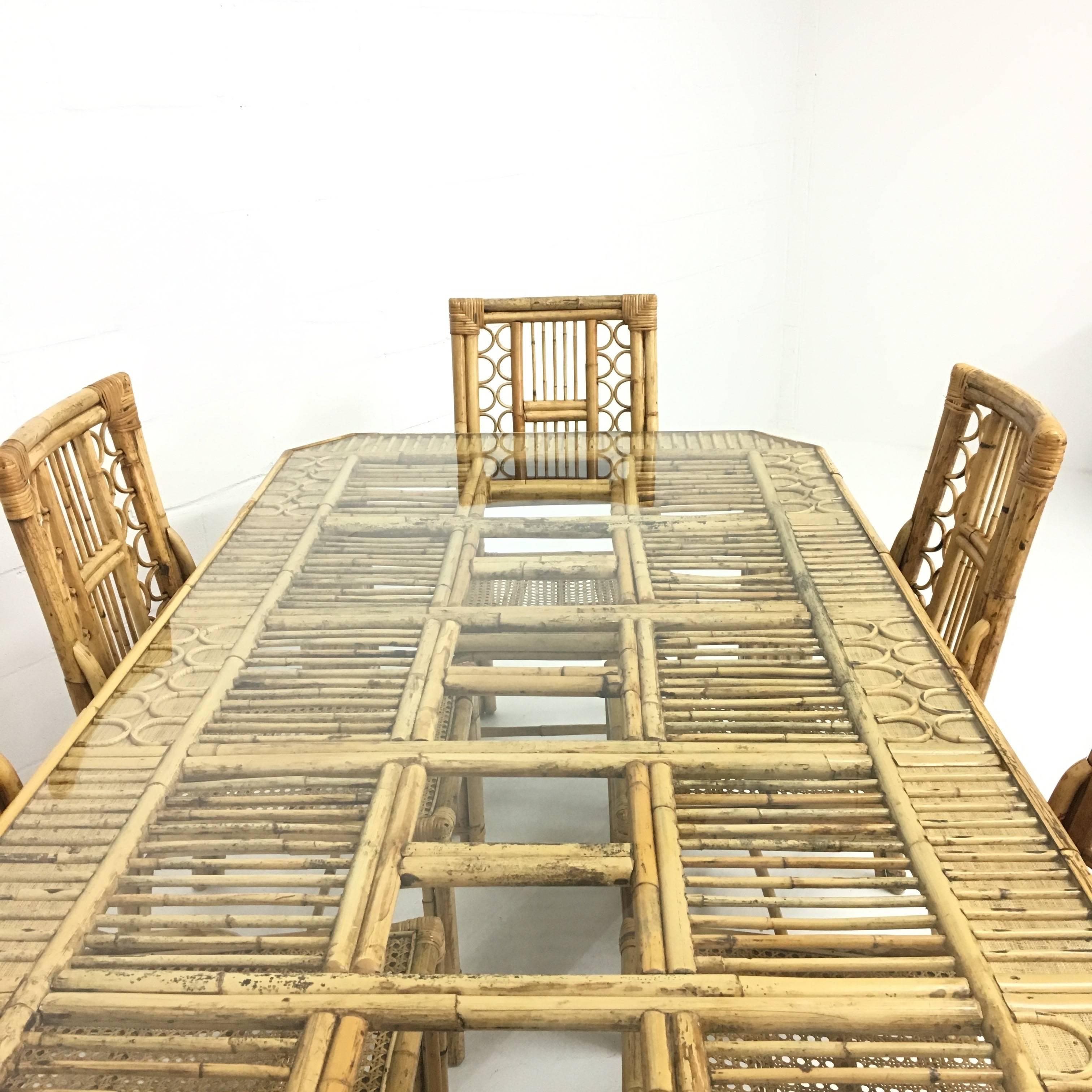 20th Century Mid-Century Bamboo and Rattan Dining Table and Six Chairs