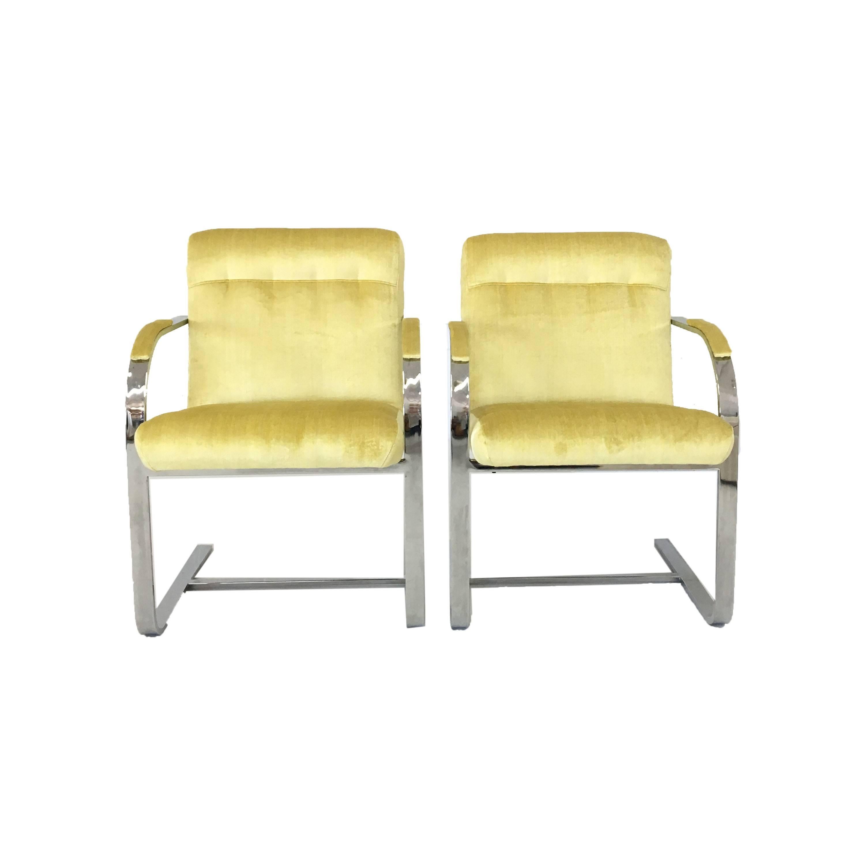 Set of Mid-Century Modern Chrome Framed Canary Velvet Chairs In Good Condition For Sale In New Hyde Park, NY