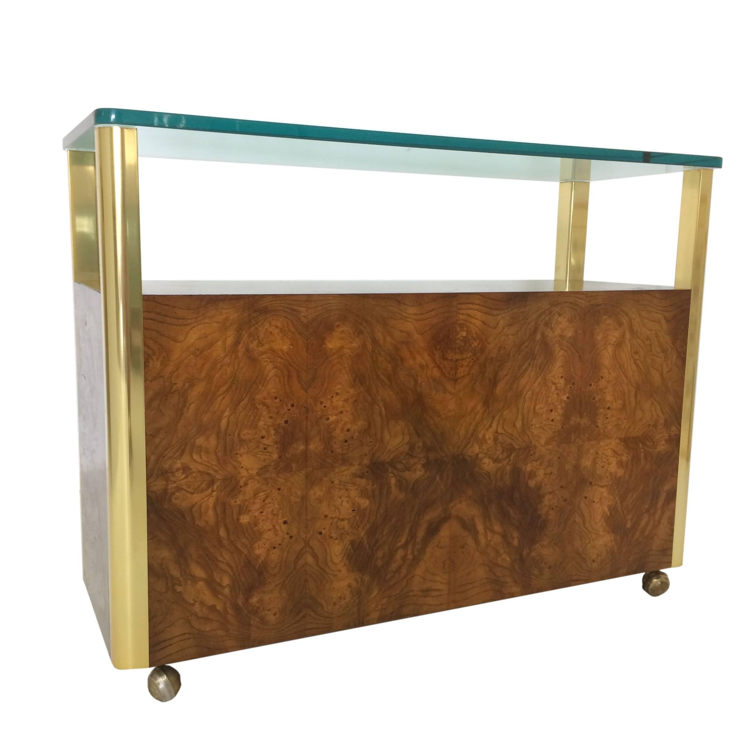 Mid-Century brass, glass and burled wood console by Century Furniture Company. Amazing side piece with brass side rail details, thick glass top and lower two shelf storage. Inside shelf is removable. All four sides are finished. Age appropriate