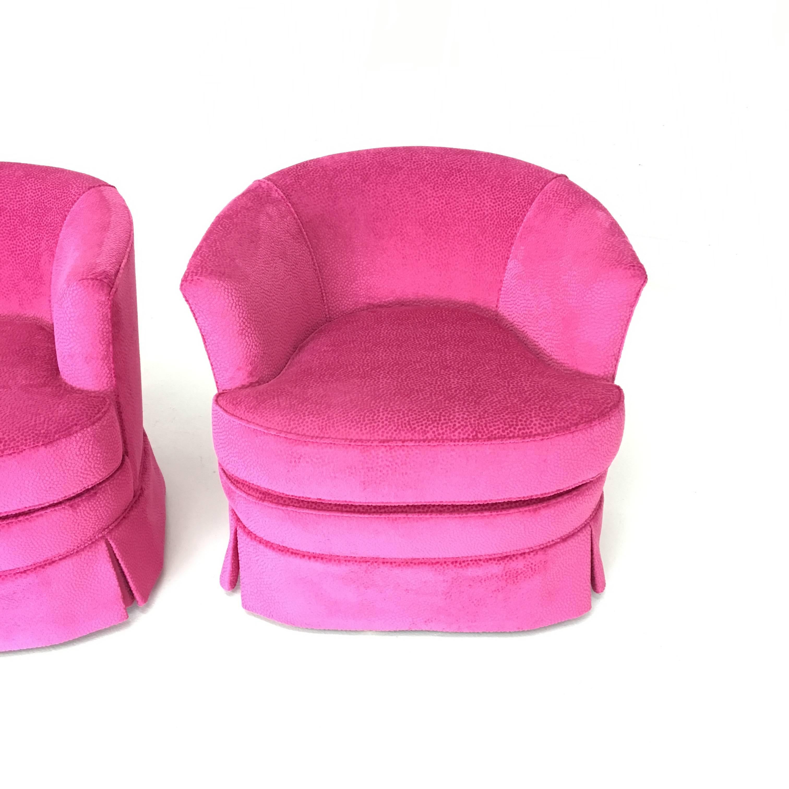 American Pair of Pink Mod Velvet Swivel Bucket Chairs