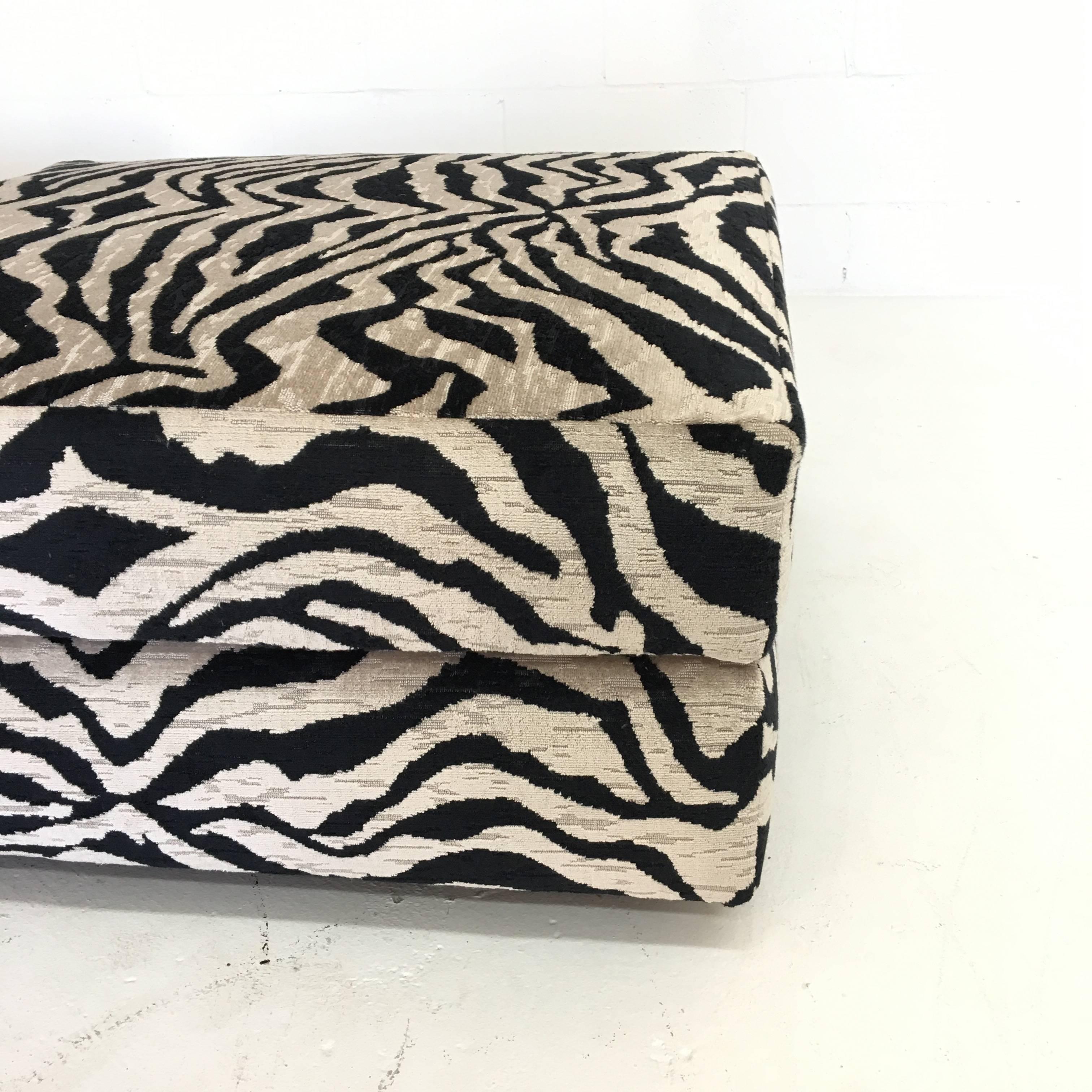 Hollywood Regency Pair of Large Square Ottomans in Zebra