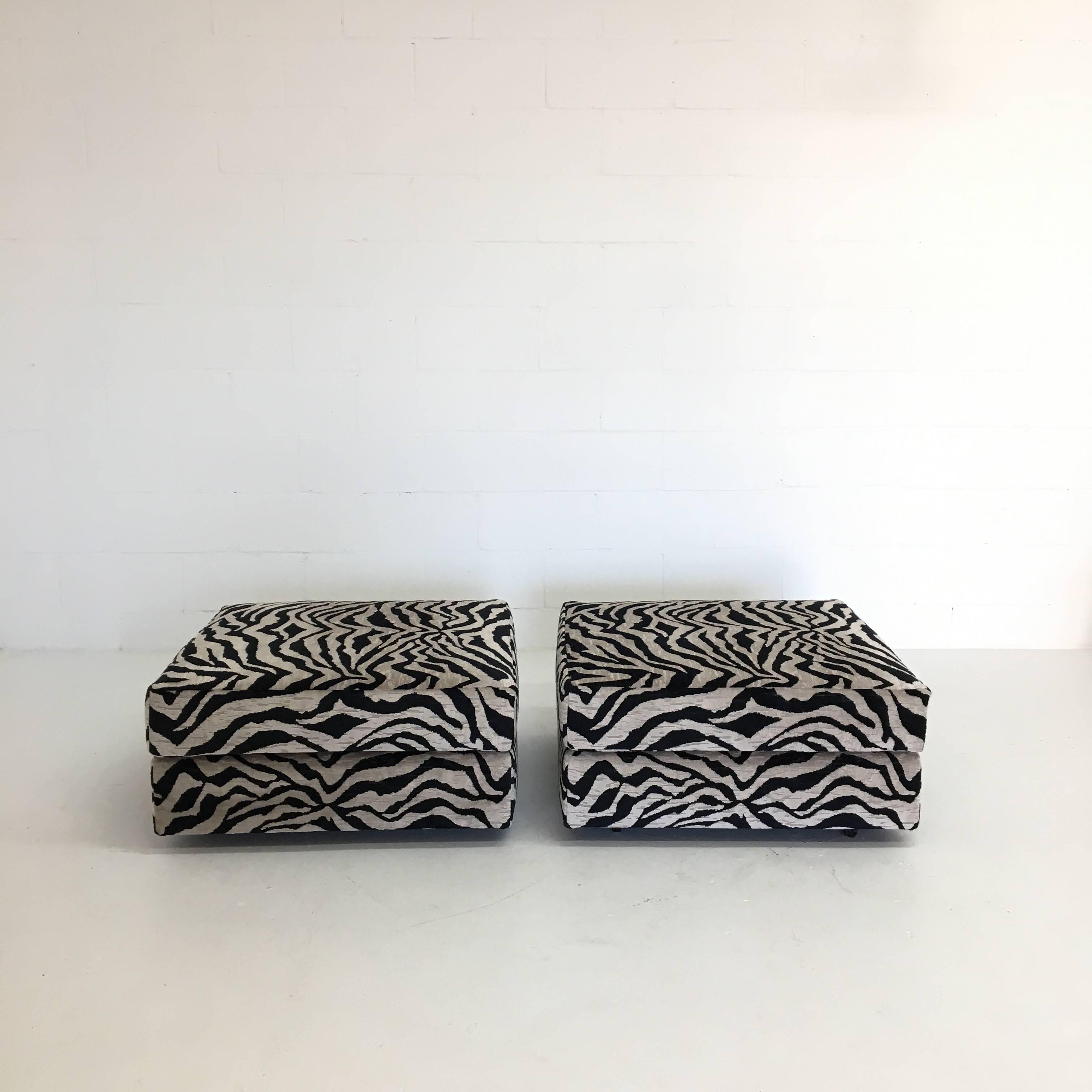 20th Century Pair of Large Square Ottomans in Zebra