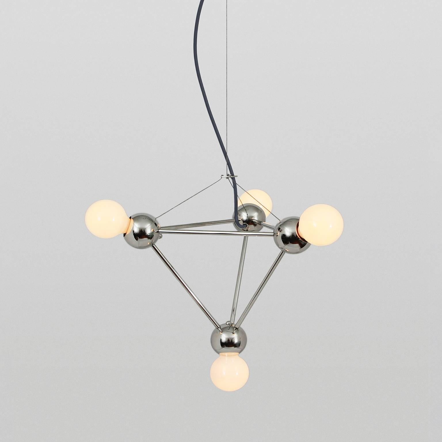 Inspired by 1960s Italian lighting, Lina is an all-brass lighting system designed to create airy geometric fixtures.

Each welded brass sphere joins with solid brass tubing and minimal fastener hardware to form strikingly simple hanging fixtures