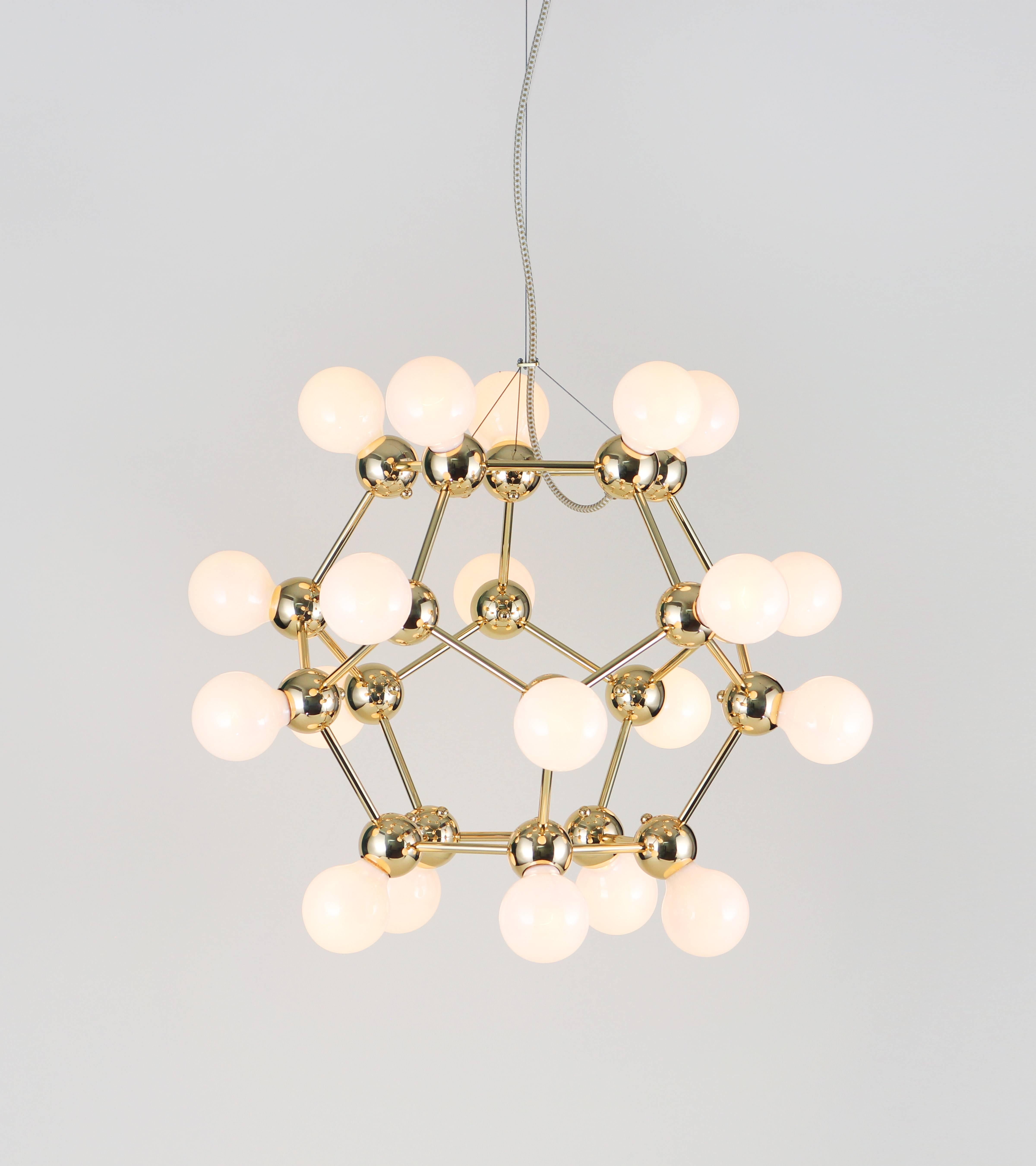 Inspired by 1960s Italian lighting, Lina is an all-brass lighting system designed to create airy geometric fixtures.
Each welded brass sphere joins with solid brass tubing and minimal fastener hardware to form strikingly simple hanging and