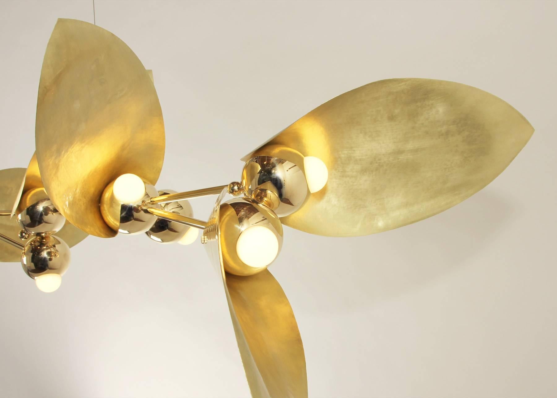 Laurel Seven-Leaf Chandelier, Brass Finish, Modern Sculptural Organic Lighting