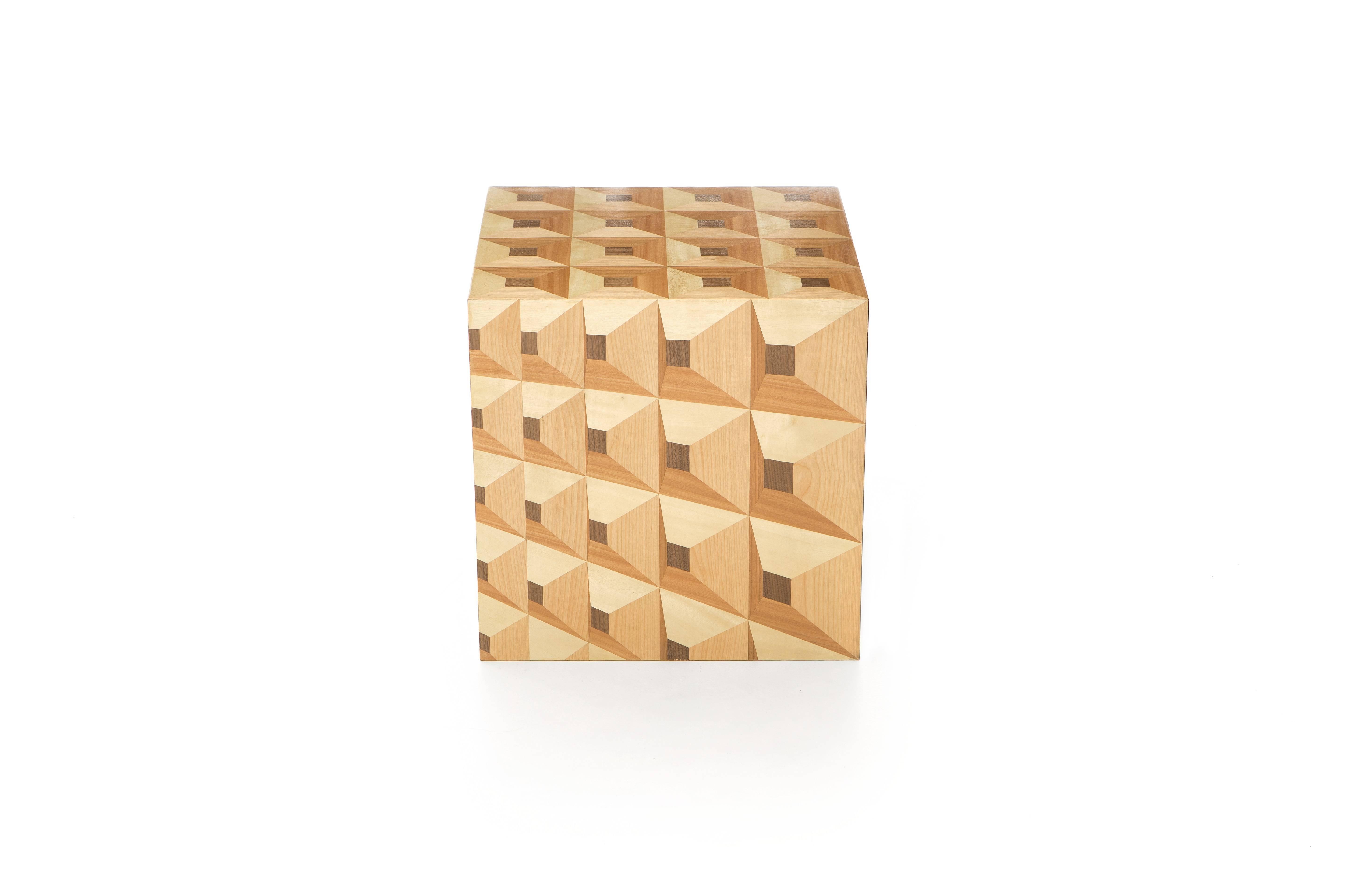 Modern Moonlight Kaleidoscope Side Table Cube in Wood Marquetry For Sale