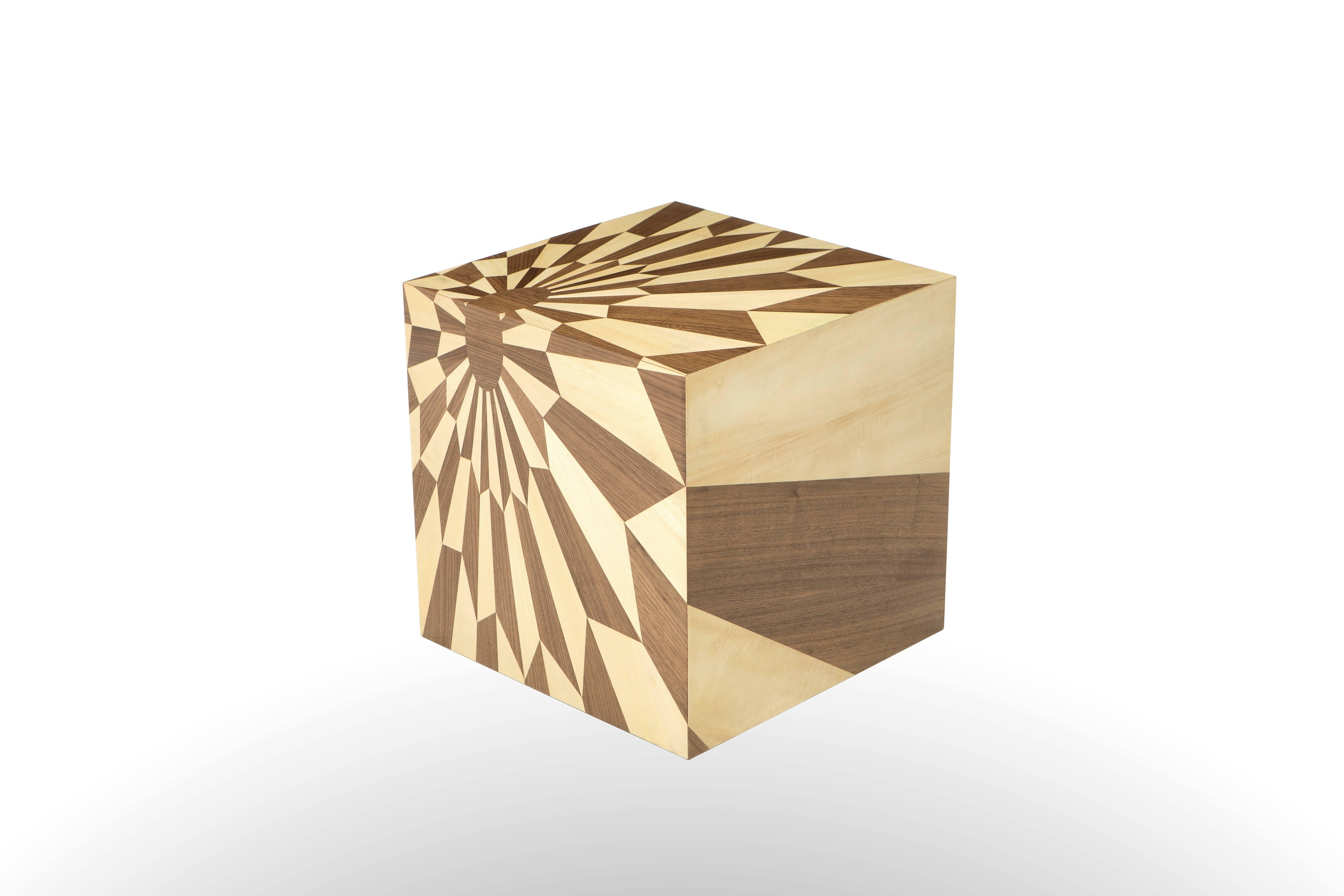Modern Tectonic Silence Side Table Cube in Wood Marquetry For Sale