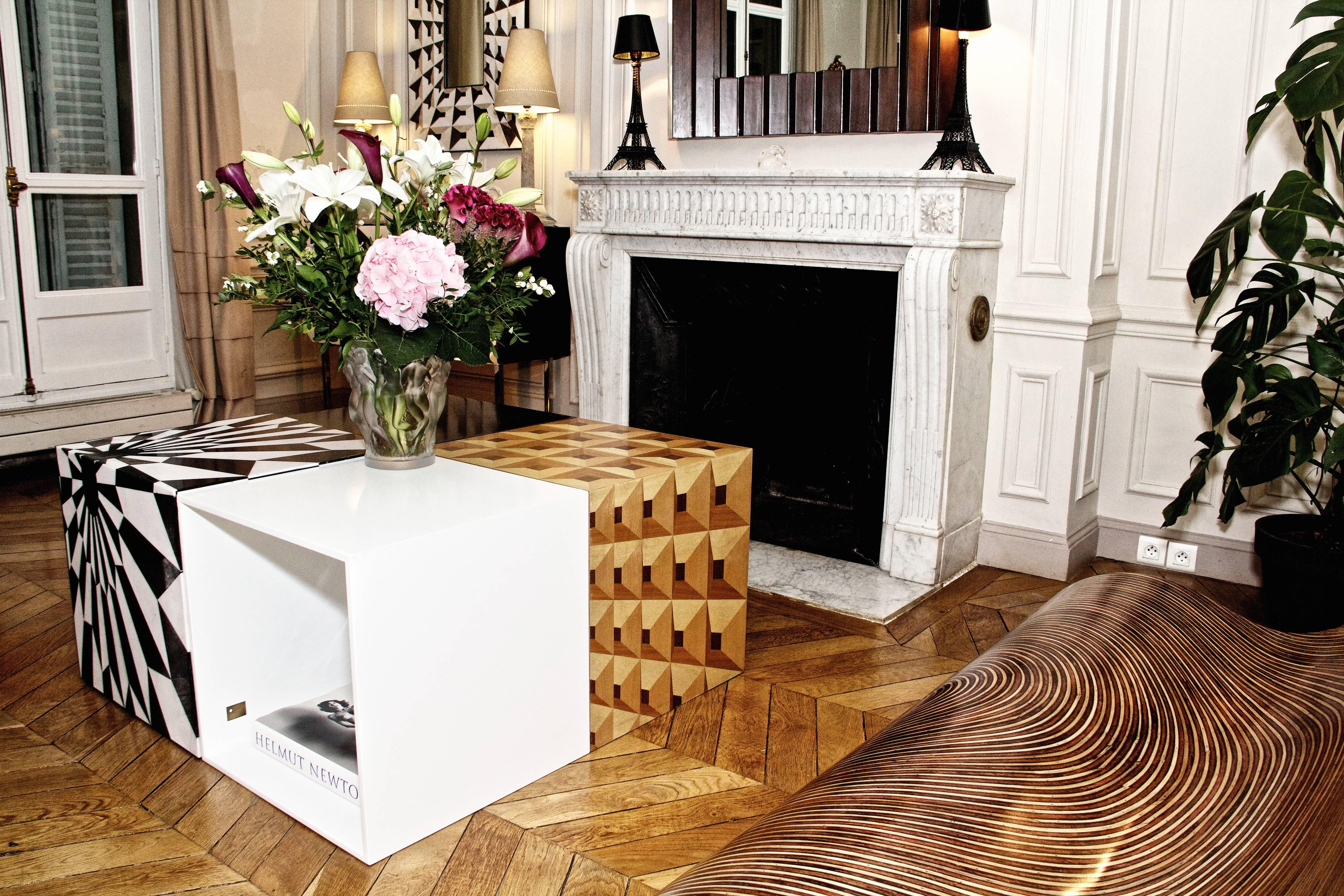 Tectonic Silence Side Table Cube in Wood Marquetry In Excellent Condition For Sale In Paris, FR