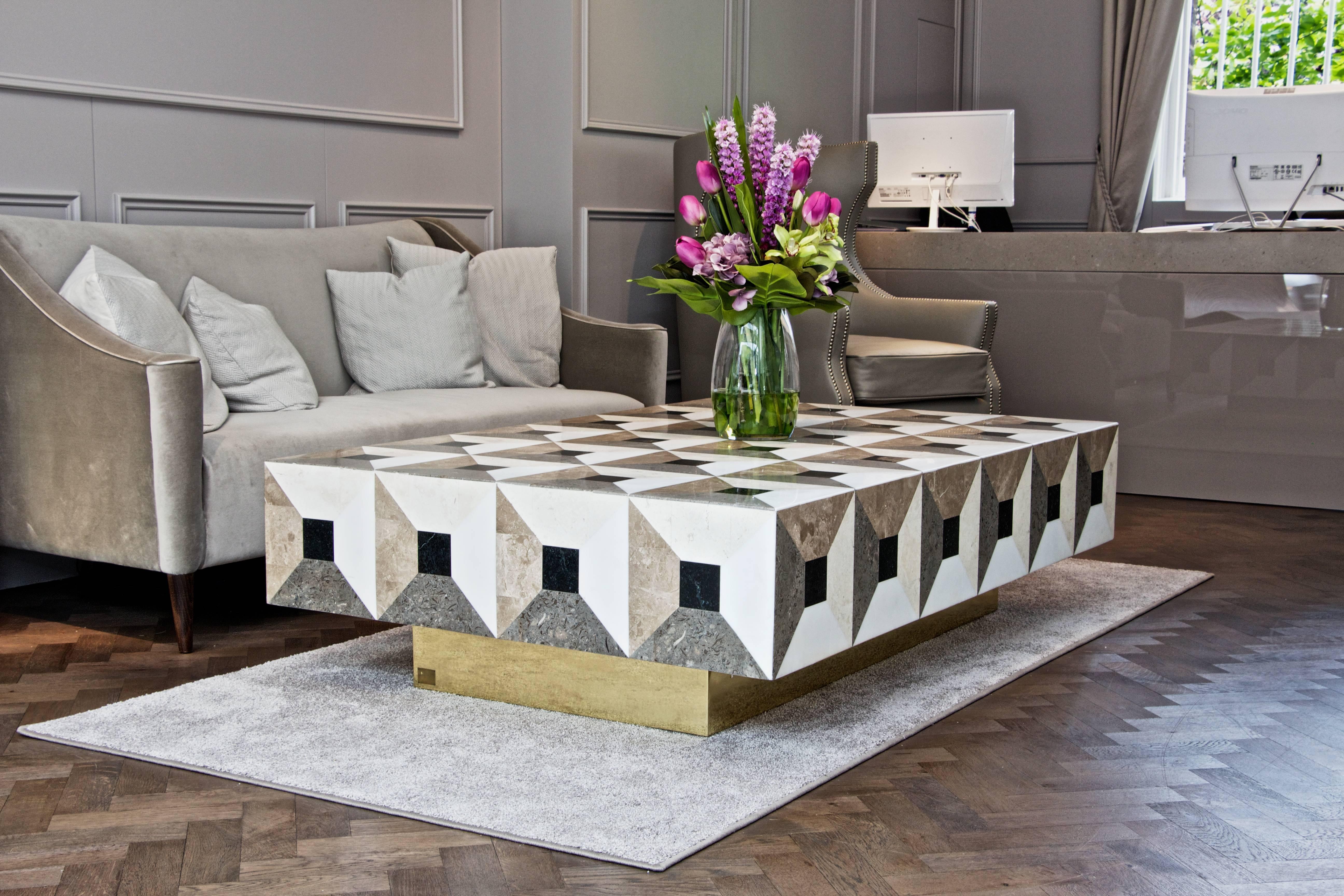 Modern Moonlight Kaleidoscope Coffee Table in Marble Marquetry or Square Version For Sale