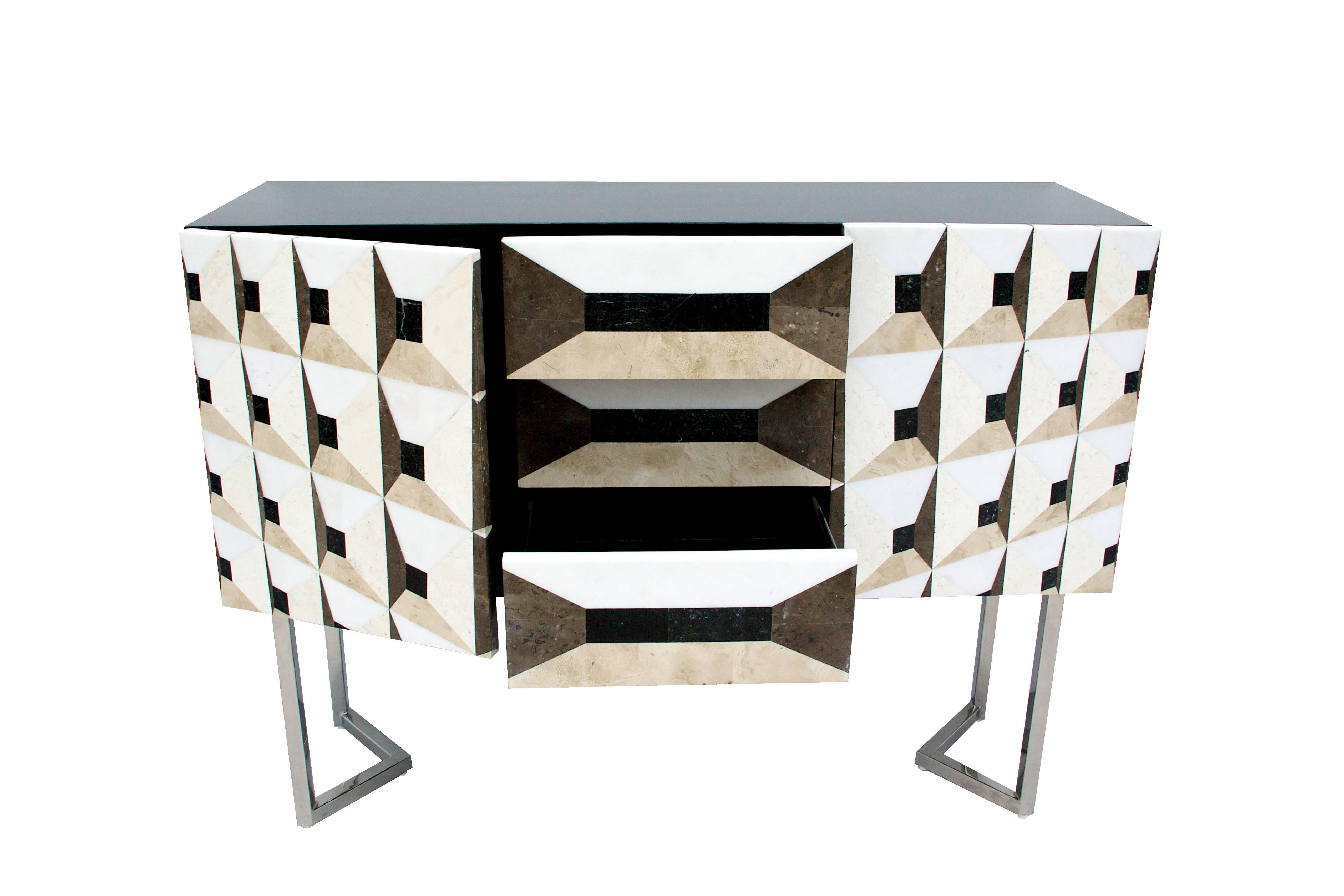 Modern Midnight Gallery Sideboard Console in Marble Marquetry 2017 In Excellent Condition For Sale In Paris, FR