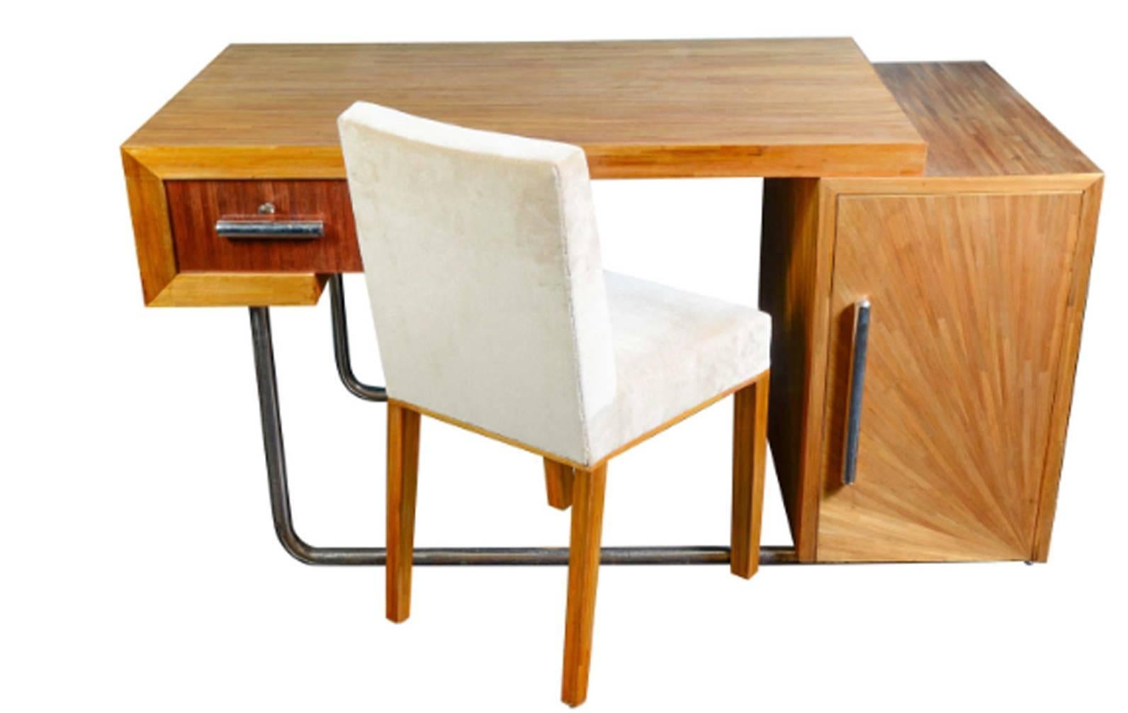 Exceptional and Sophisticated 1930 Straw Marquetry Lady Desk with its Chair by Art Déco, French Designer Blanche Klotz.
Particularity: doubled-sided.
Modernist desk chromed steel and straw marquetry.
Dimensions: H 81 x P 48 x L 44 cm.

This