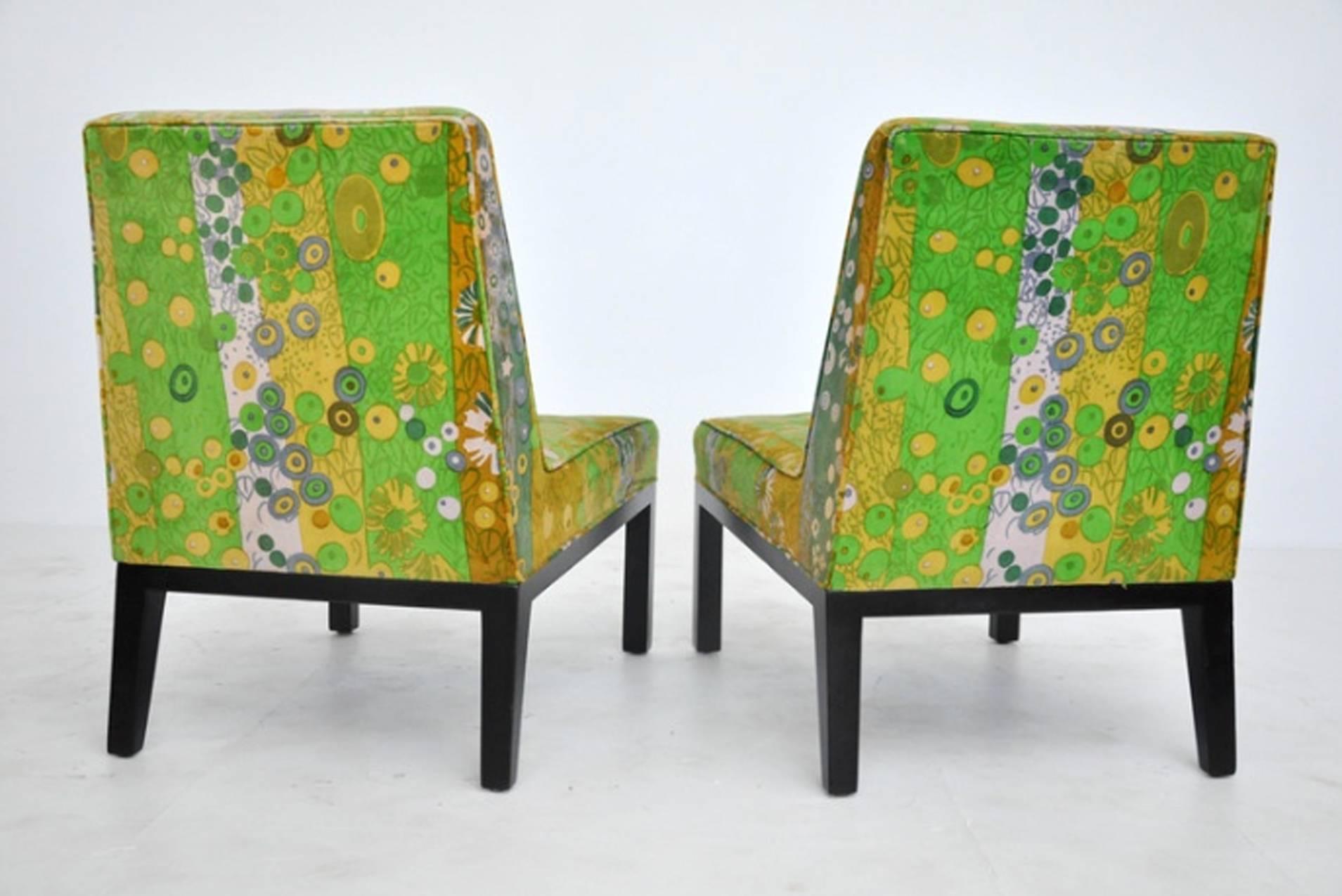 Woodwork Very Rare Original Jack Lenor Larsen Fabric on Edward Wormley's Slipper Chairs For Sale