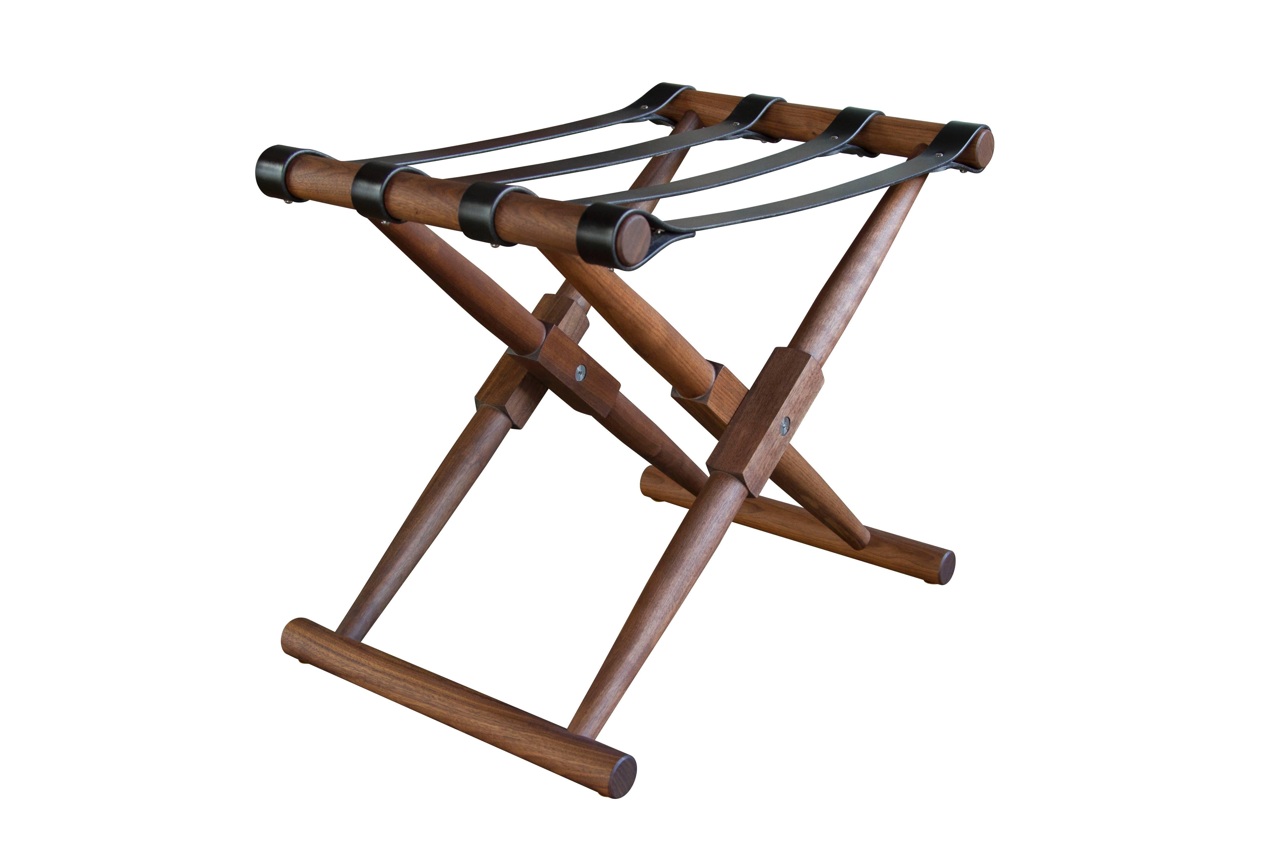 The Matthiessen luggage rack in oiled walnut with dark chocolate English bridle leather straps.

The modern campaign collection by Richard Wrightman combines the vernacular of traditional form with a modern aesthetic, mixing memory with invention,
