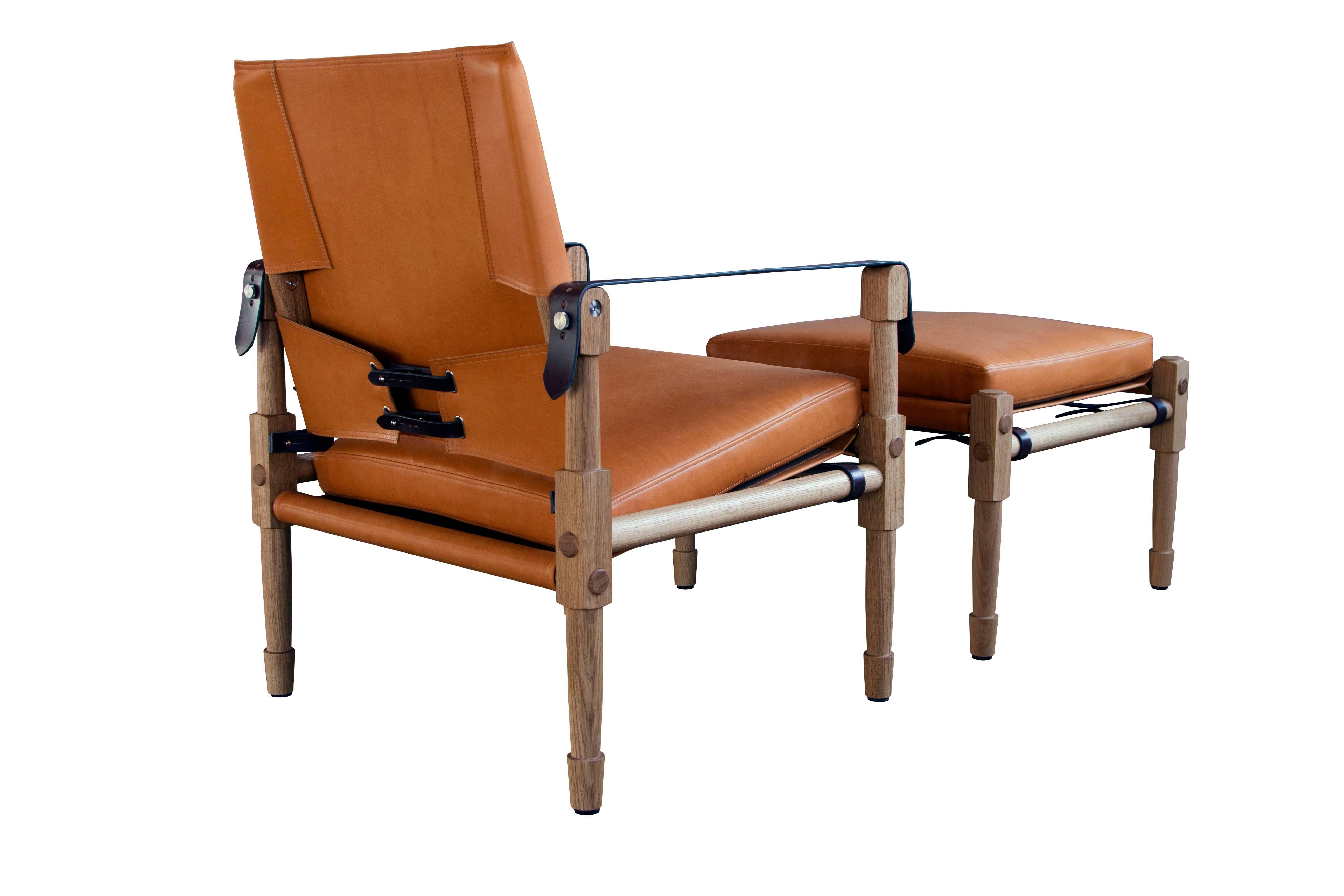 The Grand Chatwin Lounge chair and ottoman in oiled white oak with Moore & Giles: Valhalla / Antique Gold leather upholstery and Havana English bridle leather strapping.

The modern campaign collection by Richard Wrightman combines the vernacular of