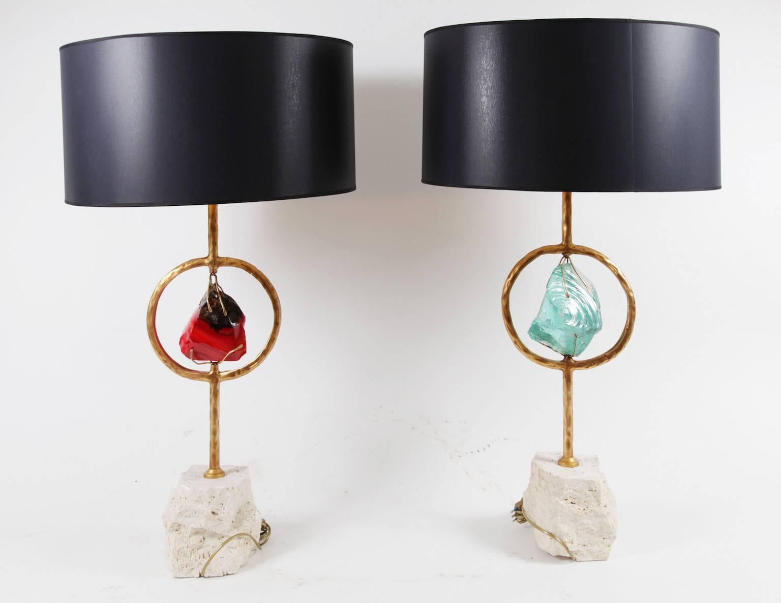 Modern Pair of Brass, Crystal and Travertine Stone Table Lamps by Michele Notte, 2012