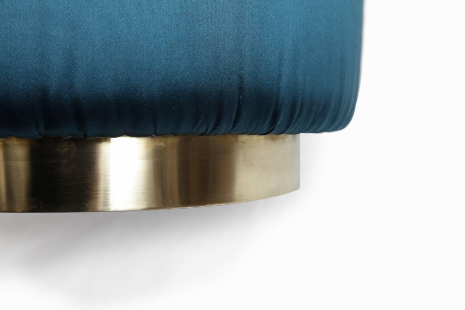 Mid-Century Modern Pair of Poufs 1970s Petrol Blue Upholstery, Brass