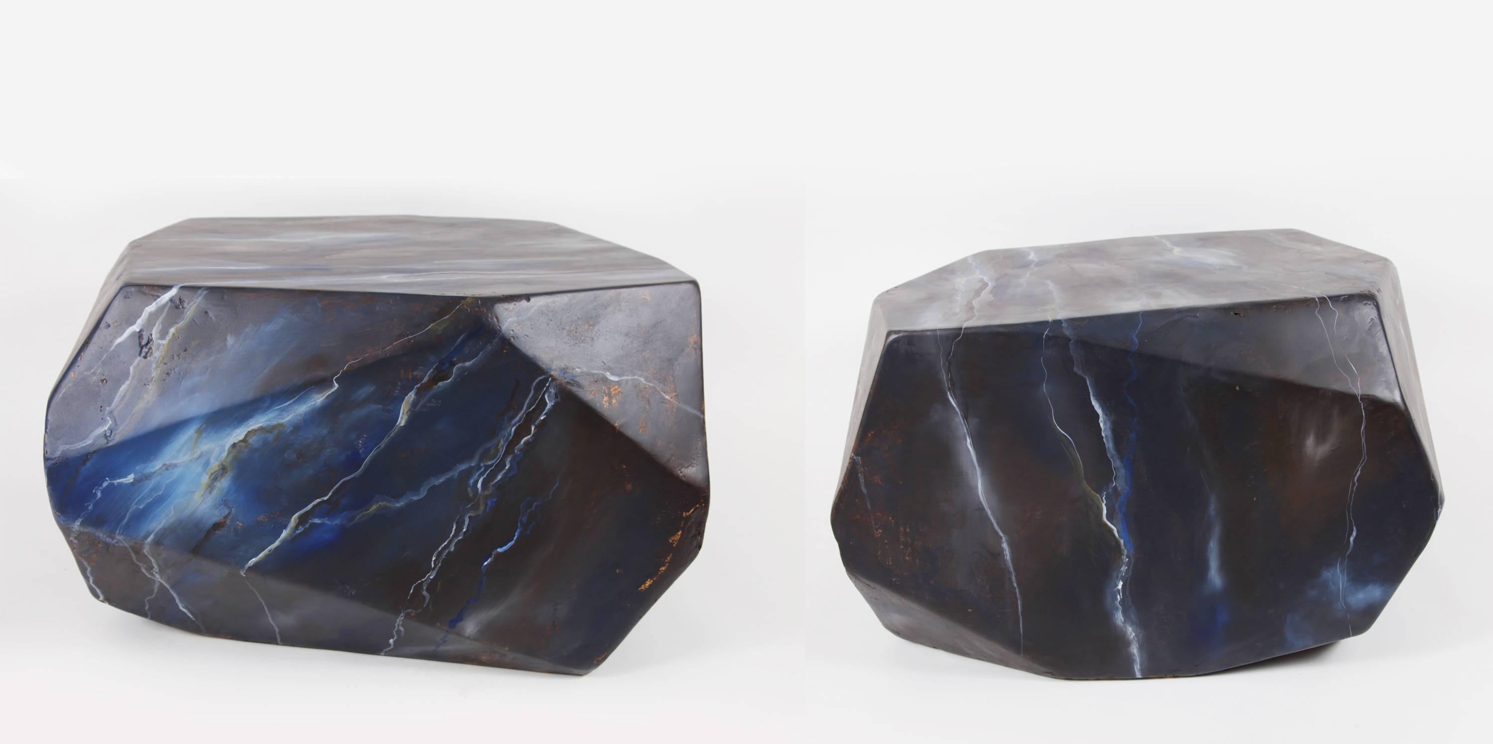 A pair of side or cocktail tables in resin, the handmade painting simulates the sodalite blue marble, fantastic shape and decorations. An impressive addition to any space. A perfect combination of modern design and Classic painting technique, circa