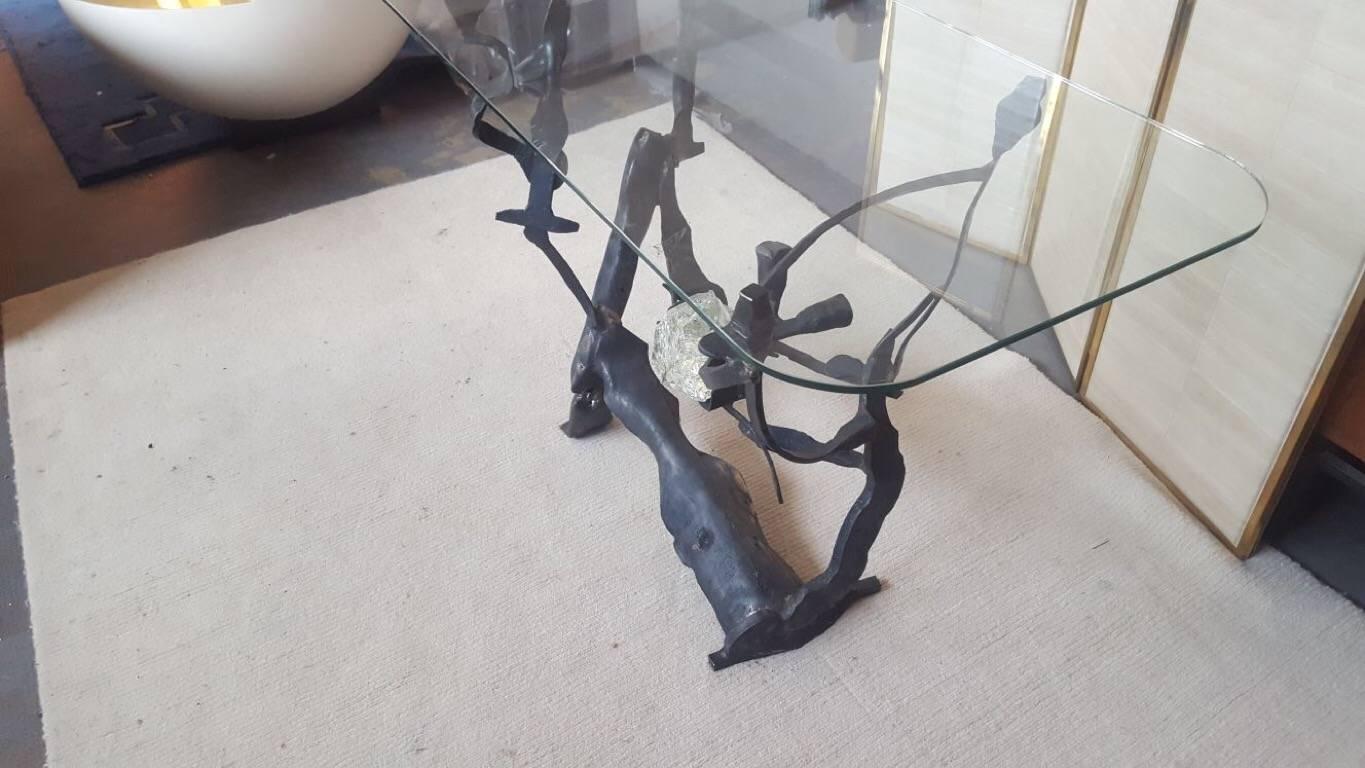 Incredible wrought iron and glass splinter sculpture console, top glass, designed by Salvino Marsura, 1977, made in Italy.