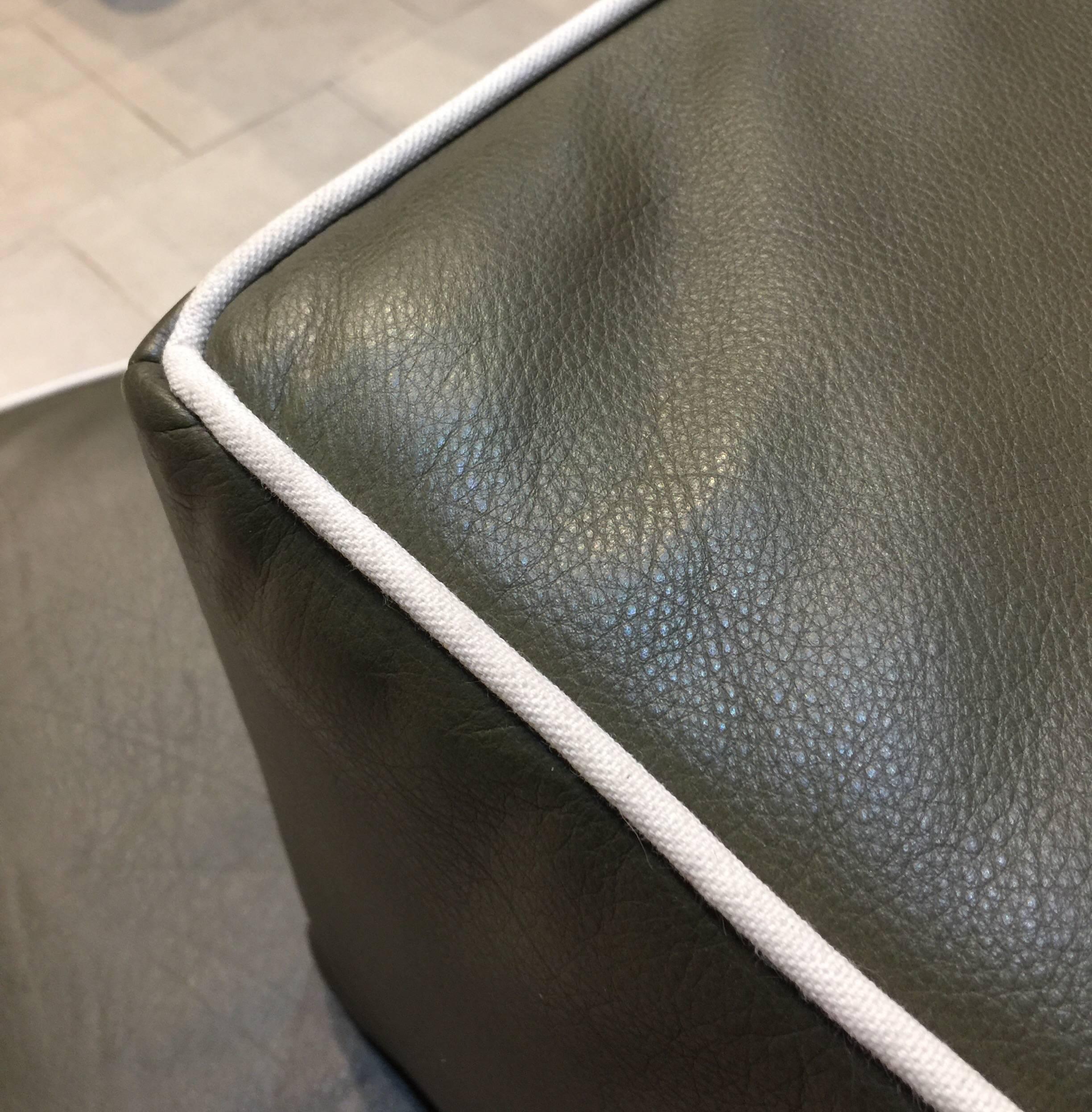 Organic Modern Leather and Canvas Stitched Ottoman, by Matter and Bone In Excellent Condition For Sale In Los Angeles, CA