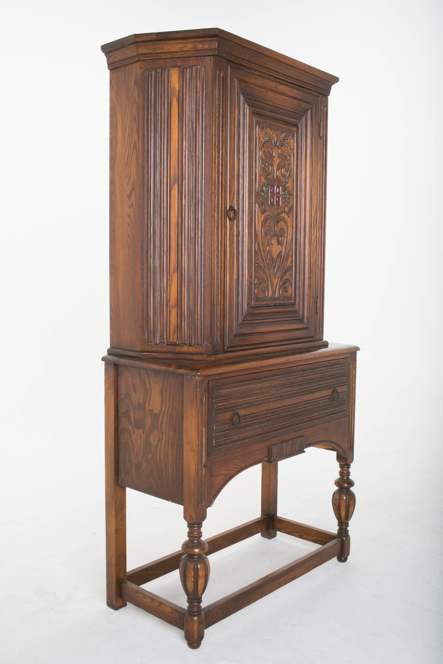 Arts and Crafts Alamo Oak Tall Armoire Cabinet with Linen Fold Side and Drawer For Sale 1