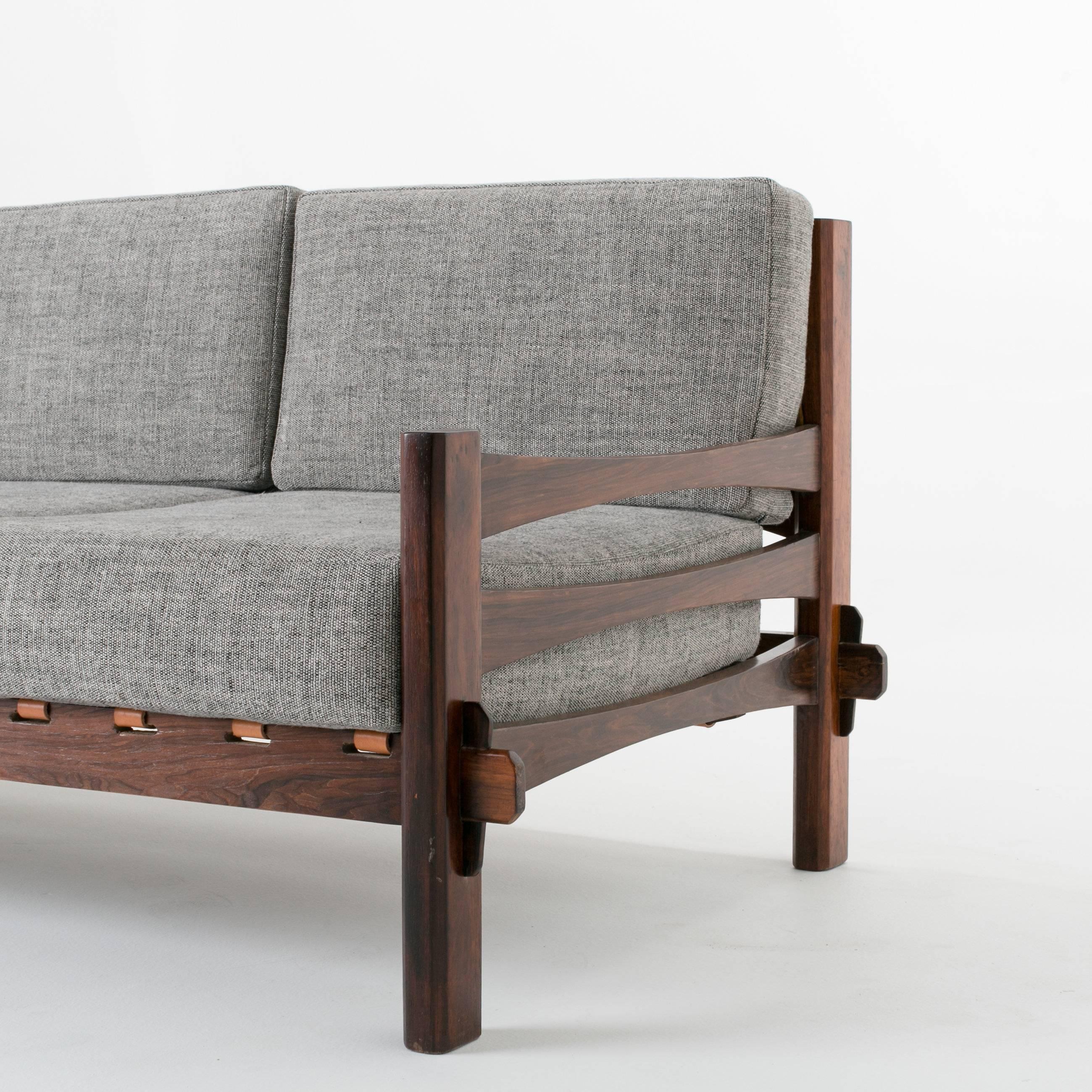 Late 20th Century Brazilian Rosewood and Leather Strap Sculptural Sofa  For Sale