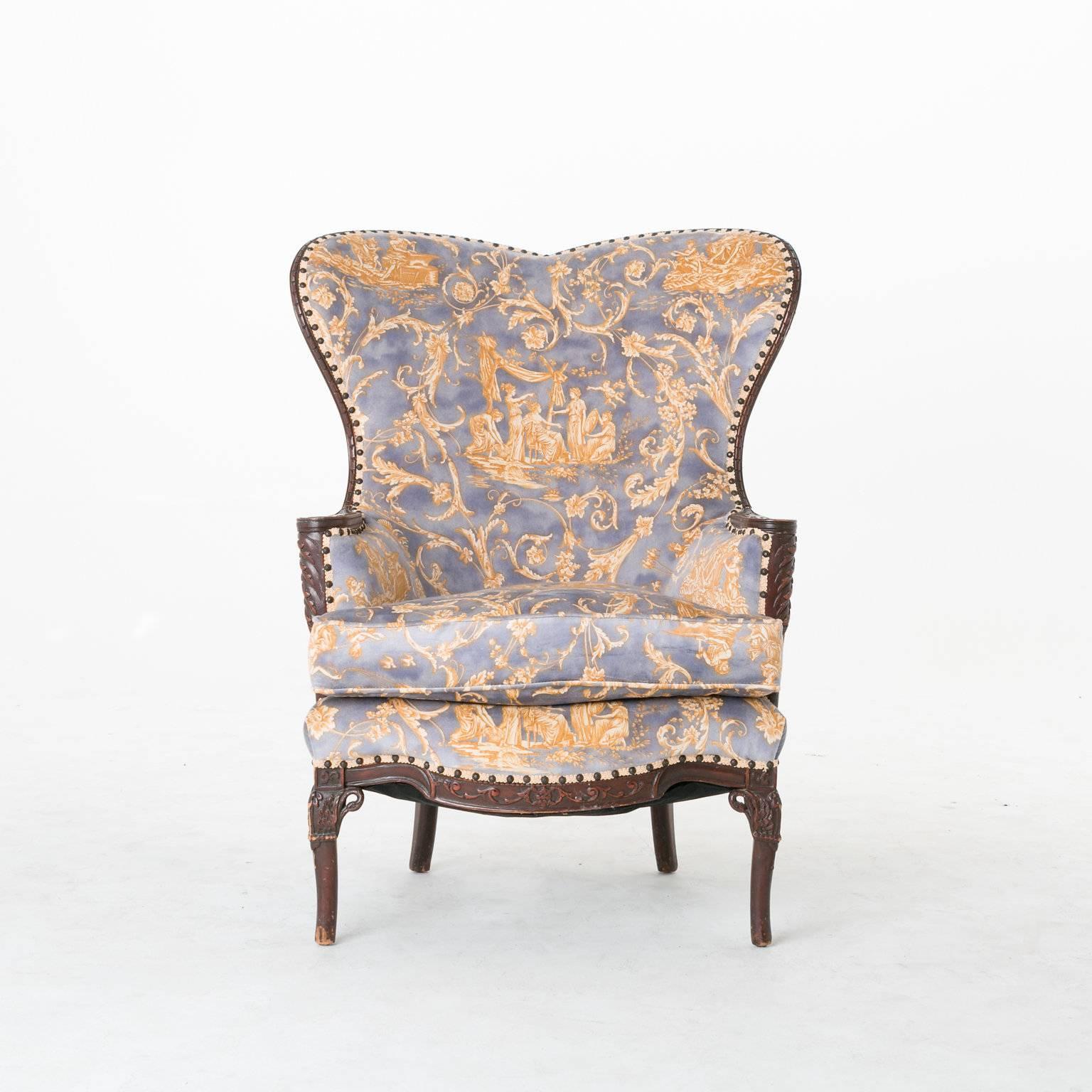 Stunning antique French Louis XV armchair. The chair has been upholstered in a fantastic Hermes Mohair. We opted to leave the wood in the original finish to retain the charm and look. Measures: The seat depth is 21 in. Deep x  20 in. Wide.

In order