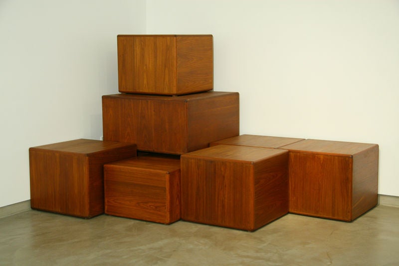 A collection of five exotic wood cubes and rectangles that can be used as side tables, coffee tables and even stools, designed by Sergio Rodrigues. 

Priced individually:
Large $1500 (sold)
Medium $1200 each (2 remaining)
Small $1000