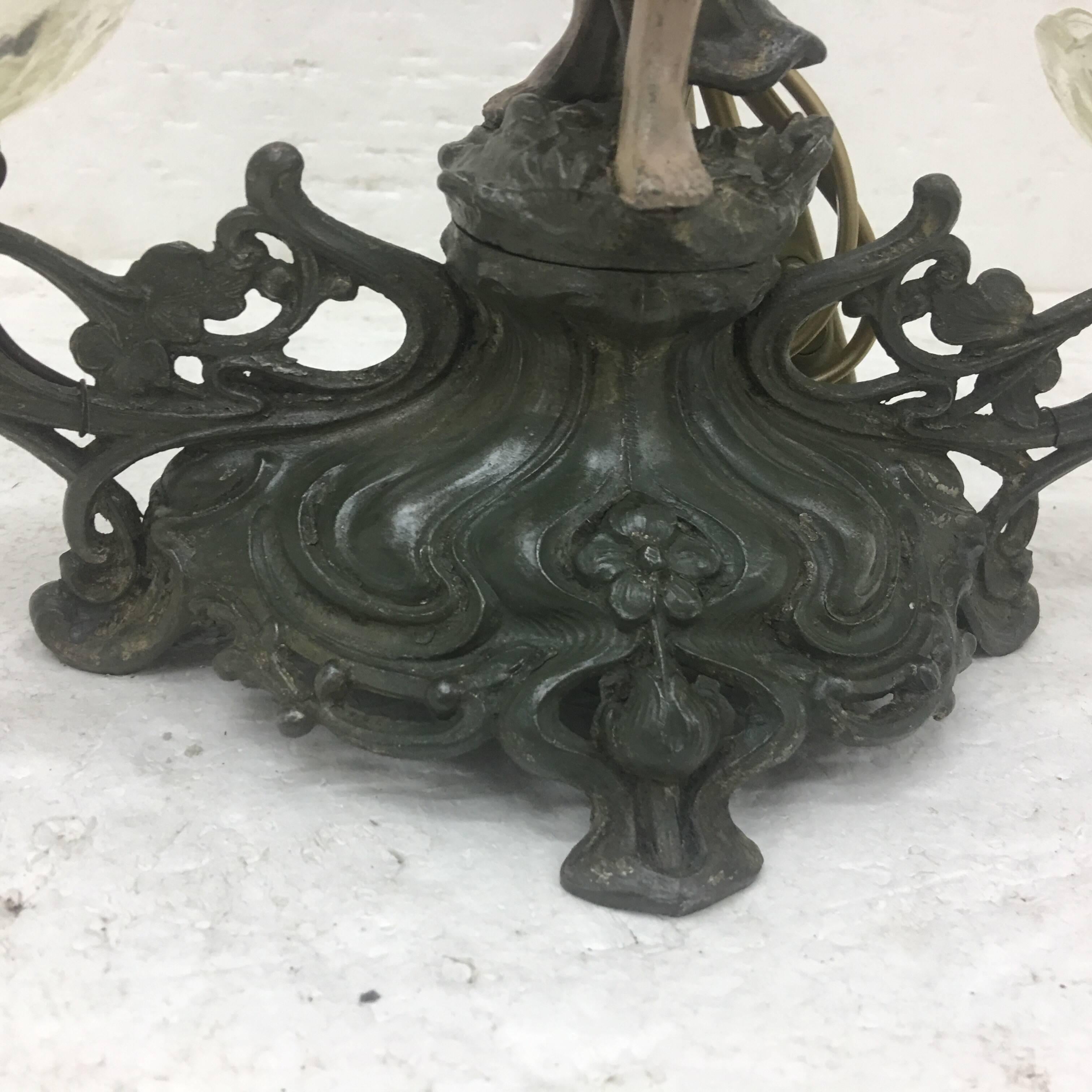 Art Nouveau Two Lights Metal Table Lamp, Italy, circa 1900 In Good Condition In Aci Castello, IT