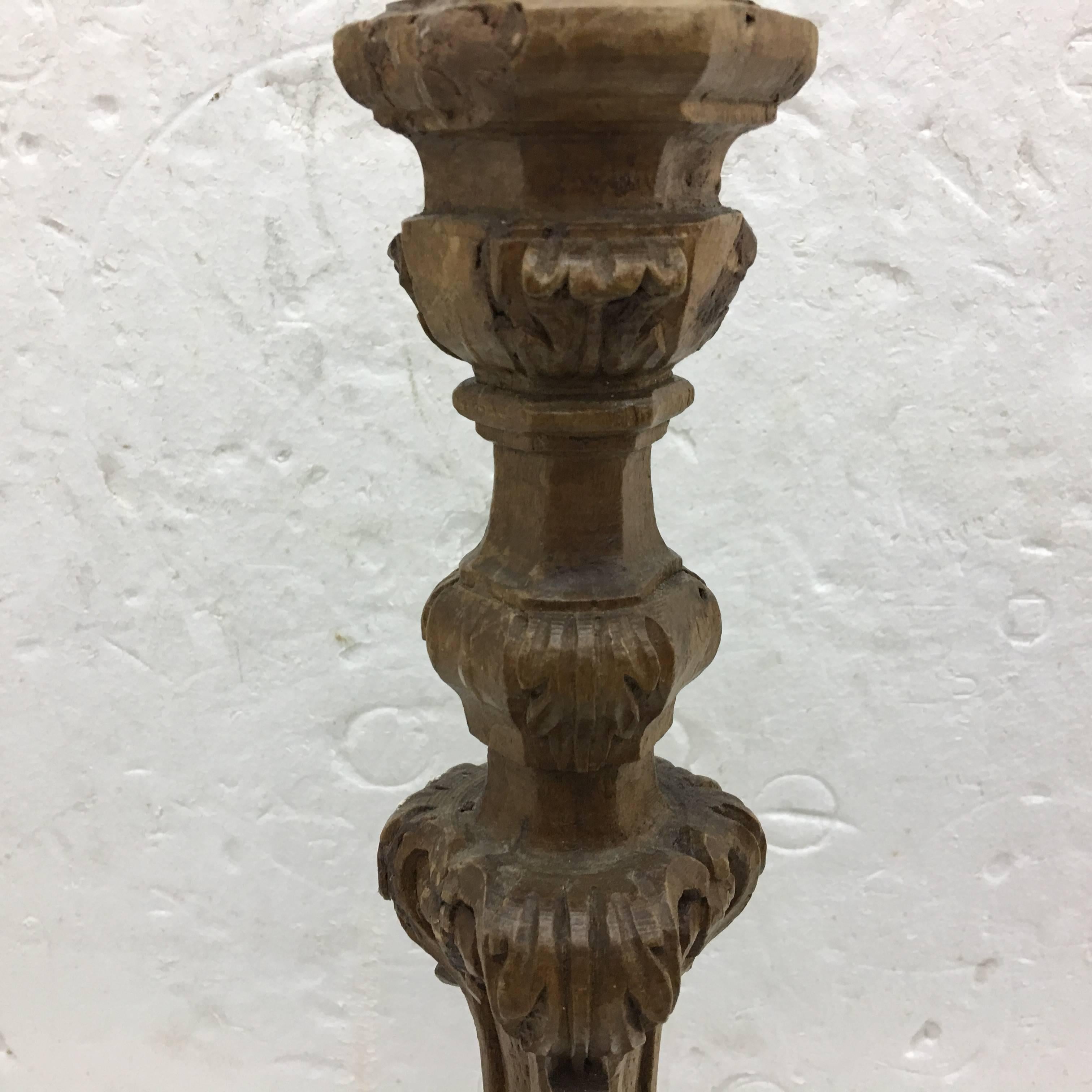 Baroque Revival Sicilian Antique Hand-Carved Wood Candlestick, circa 1800
