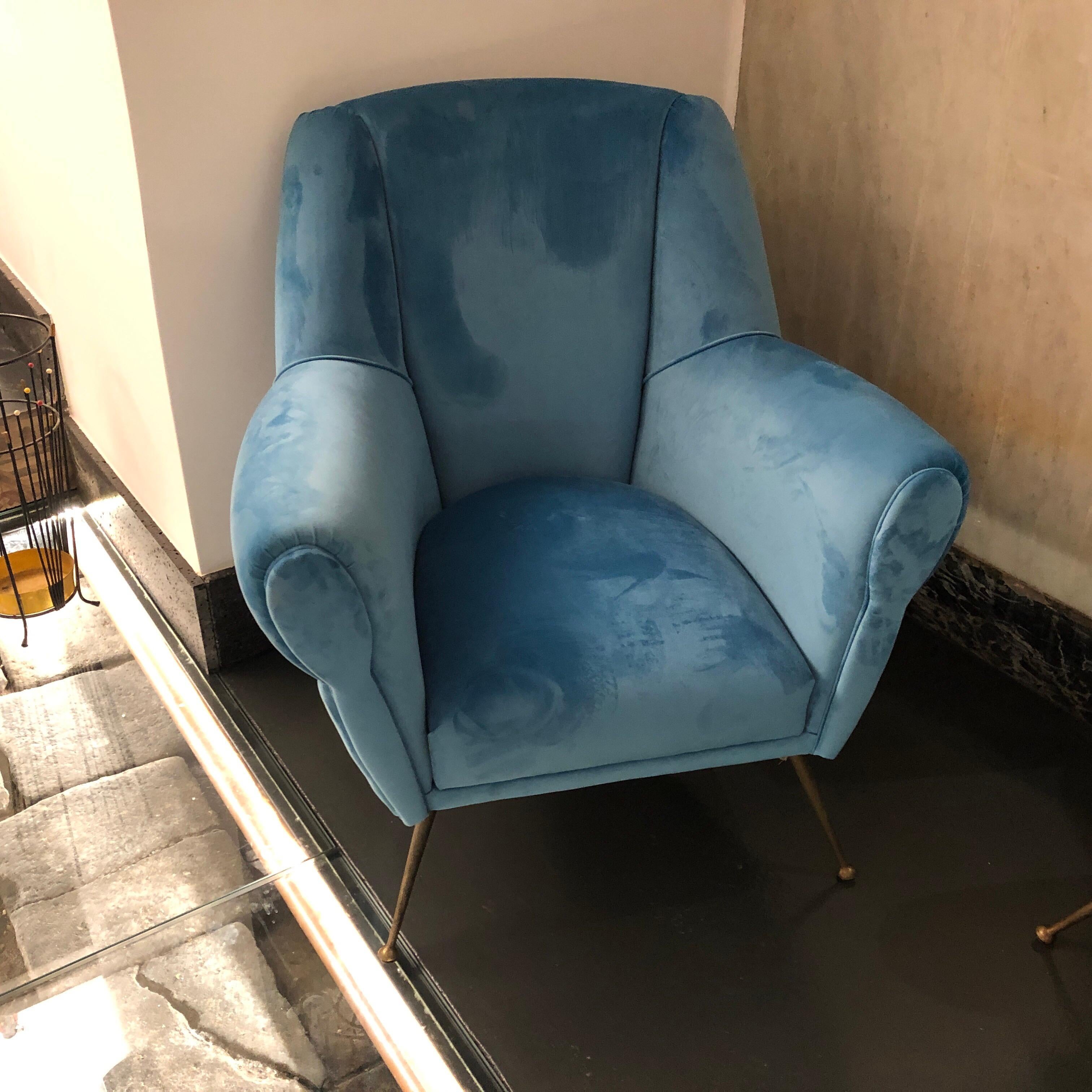 Mid-Century Modern Italian Light Blue Velvet and Brass Armchairs, 1950 In Excellent Condition In Aci Castello, IT