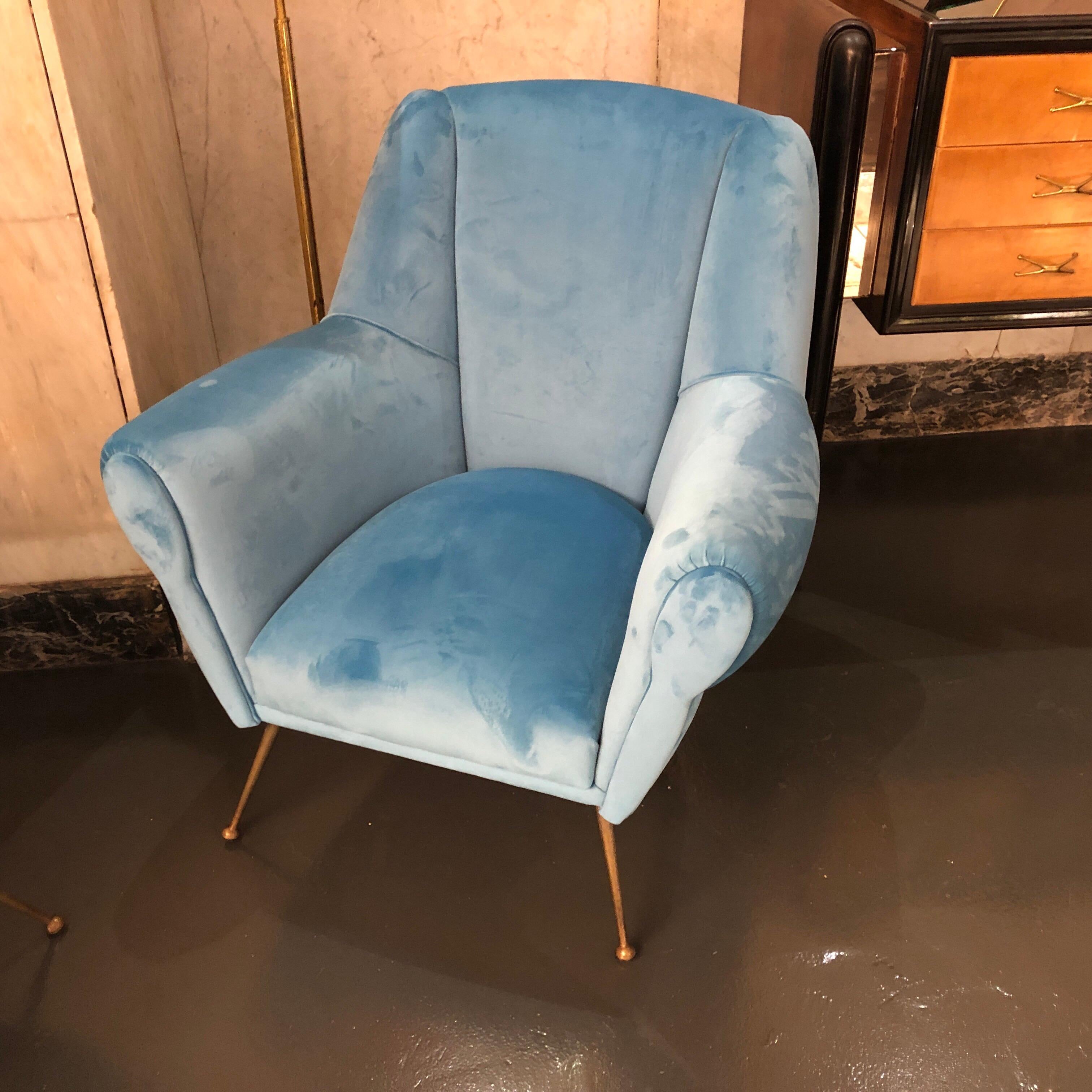 Mid-Century Modern Italian Light Blue Velvet and Brass Armchairs, 1950 3