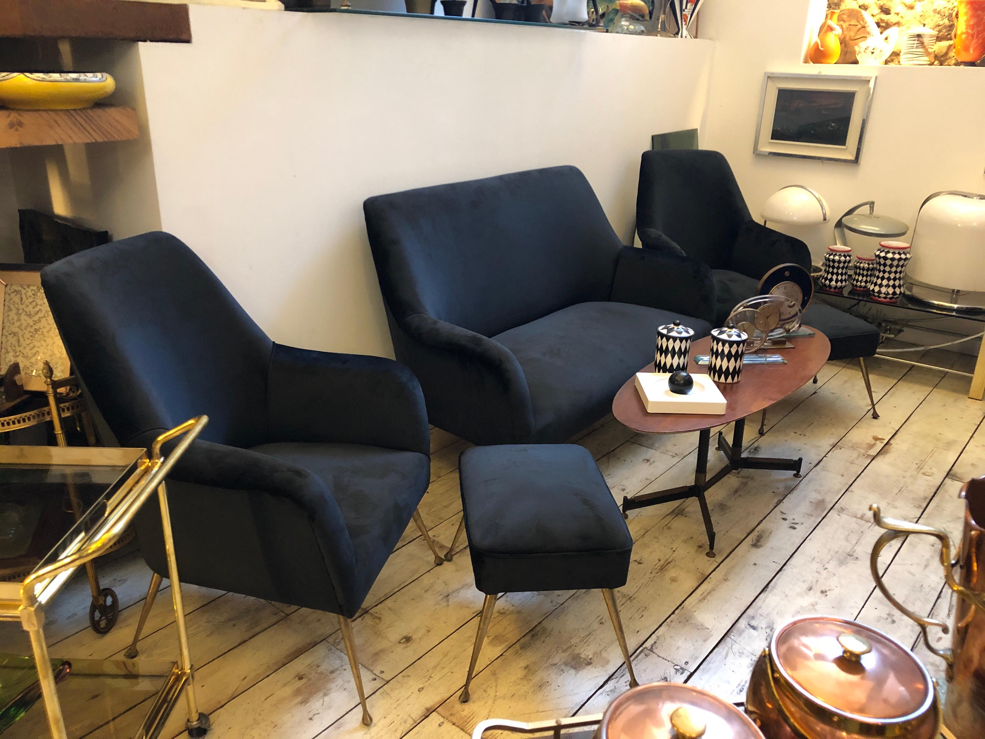 Mid-Century Modern Black Velvet and Brass Italian Sofa and Armchairs, circa 1950 14