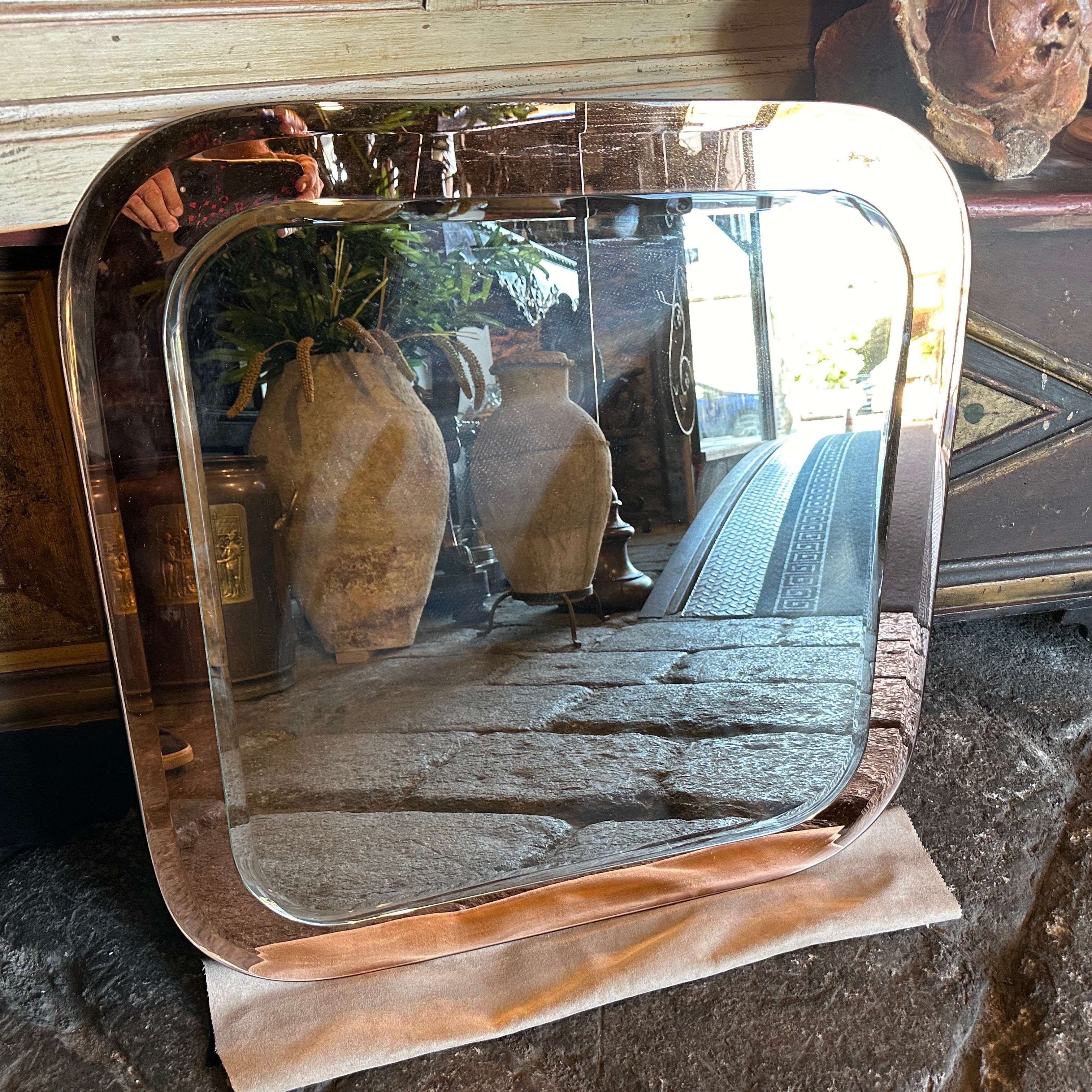 Quadratischer Wandspiegel aus rosa und klarem Glas von Lupi Cristal Luxor, Space Age, 1970er Jahre (20. Jahrhundert) im Angebot