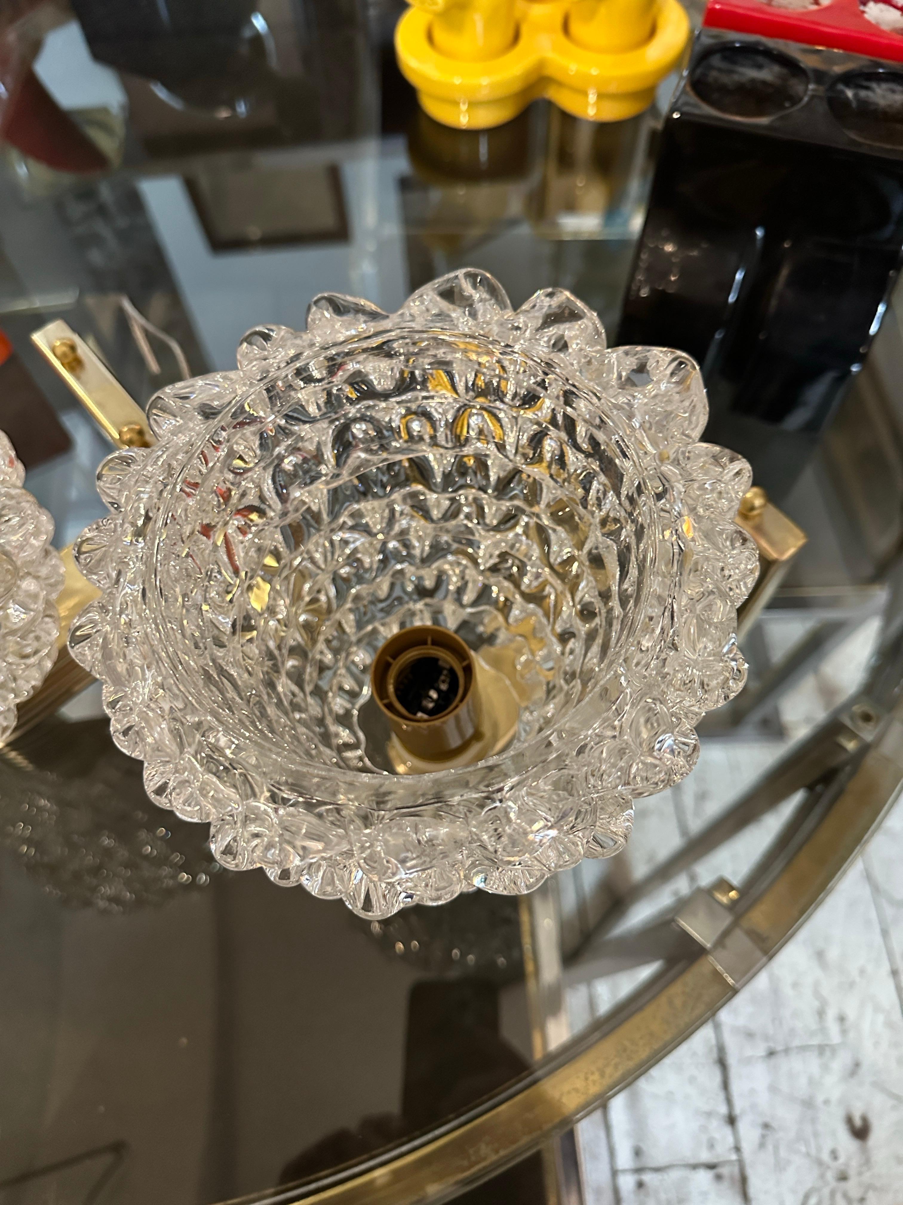 Hand-Crafted Two 1980 Barovier Style Mid-Century Modern Brass and Rostrato Glass Wall Sconces