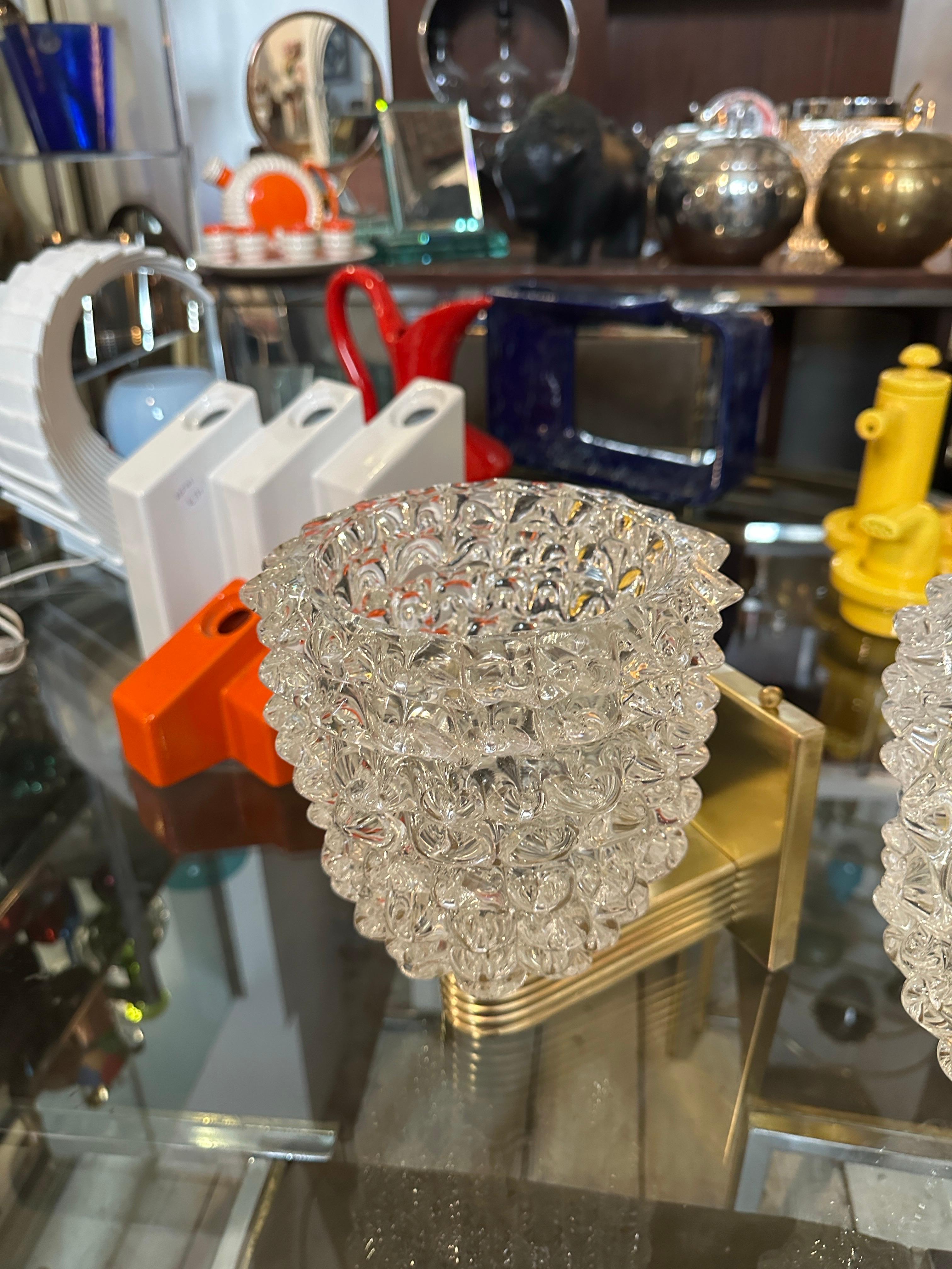 Two 1980 Barovier Style Mid-Century Modern Brass and Rostrato Glass Wall Sconces 5