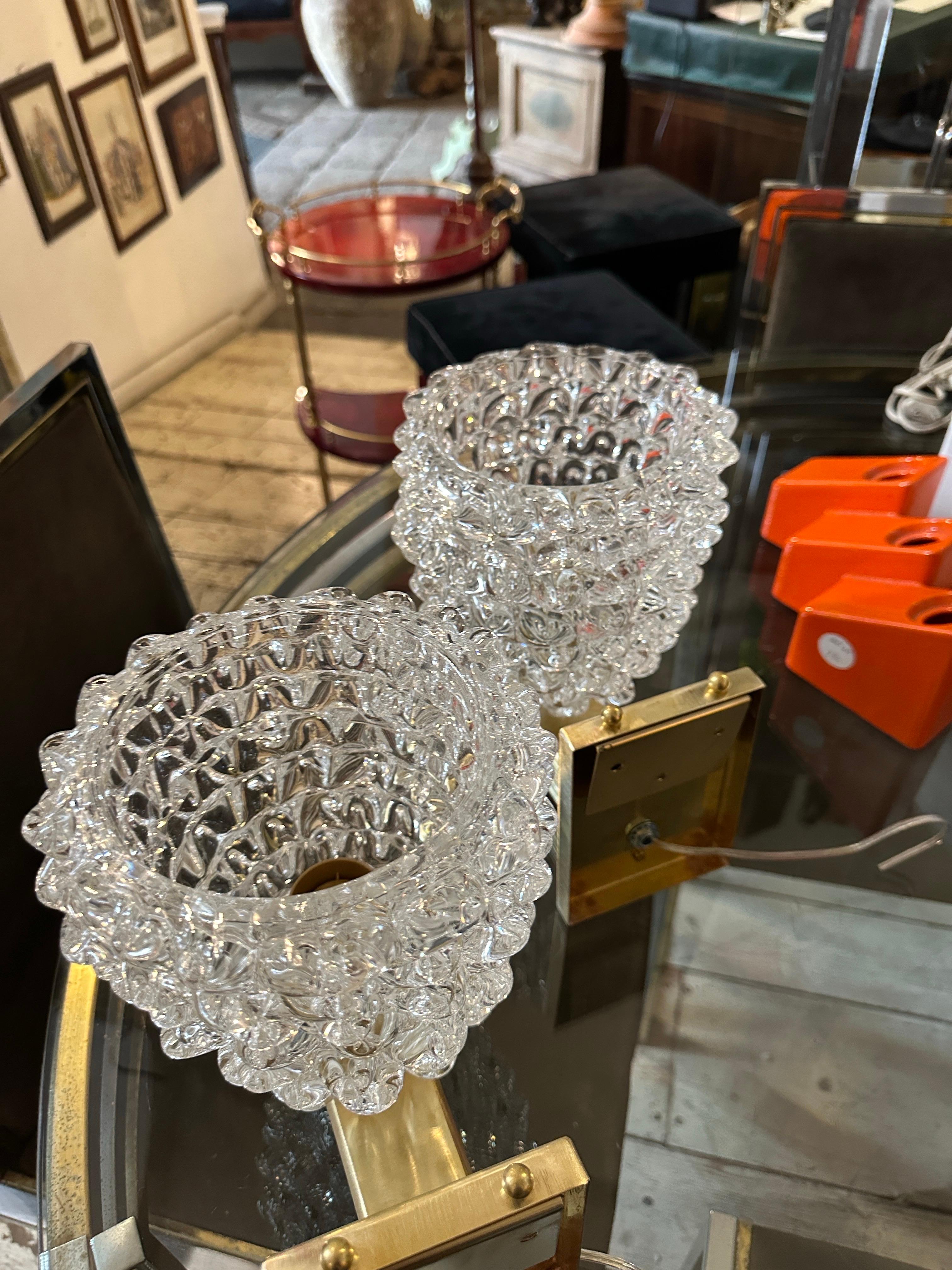 Two 1980 Barovier Style Mid-Century Modern Brass and Rostrato Glass Wall Sconces 6