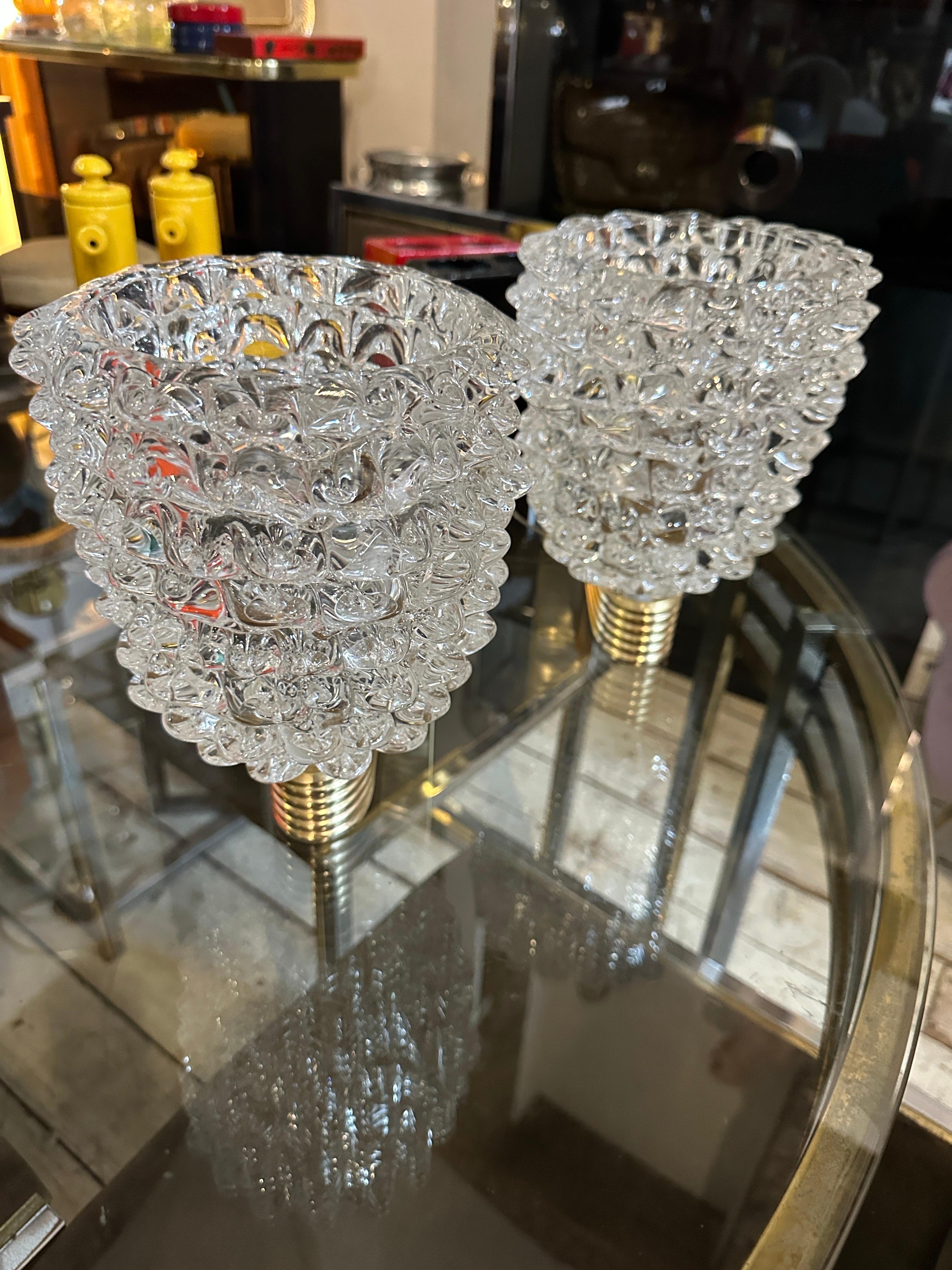 Two 1980 Barovier Style Mid-Century Modern Brass and Rostrato Glass Wall Sconces 7