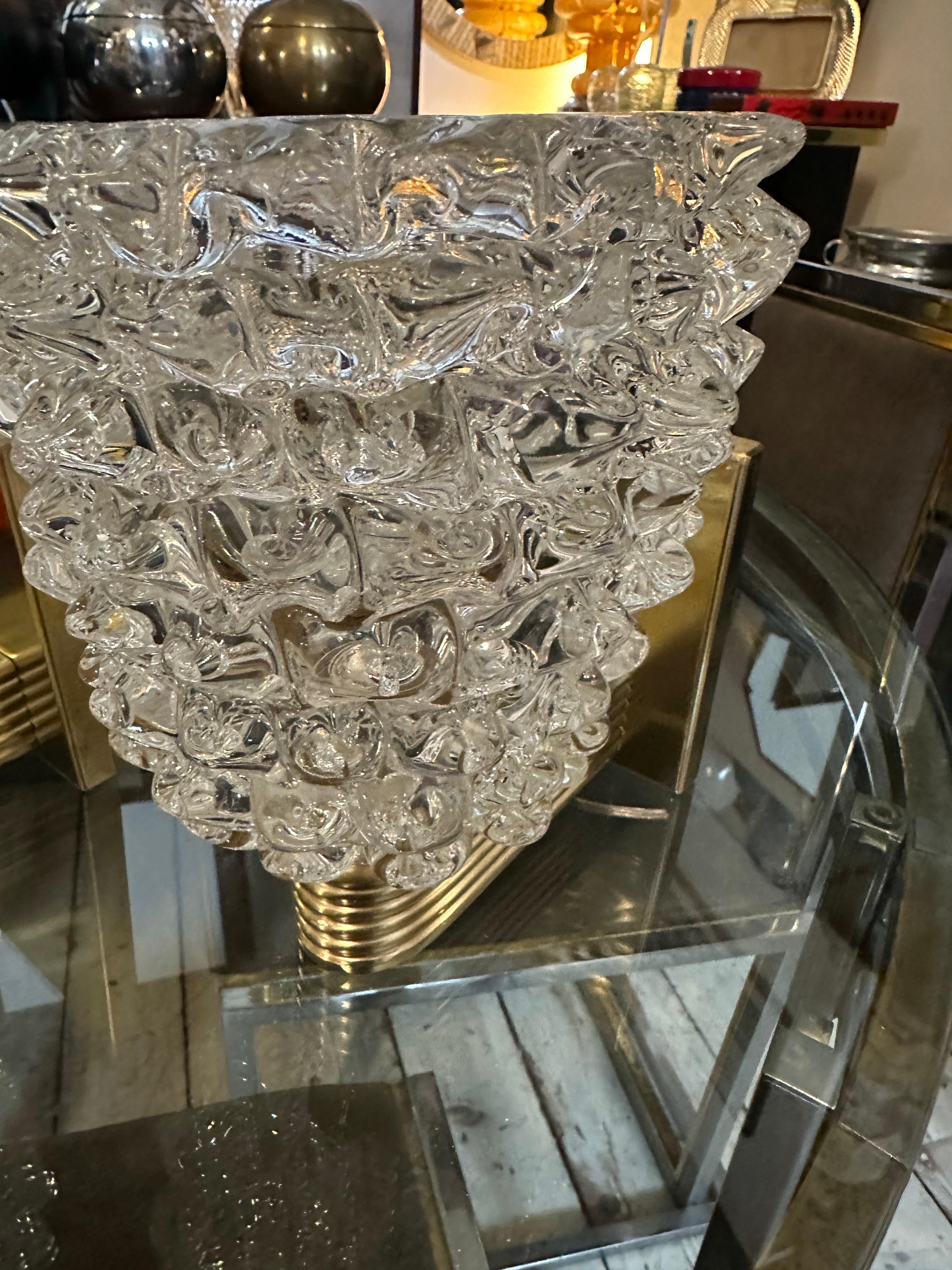 Two 1980 Barovier Style Mid-Century Modern Brass and Rostrato Glass Wall Sconces 9