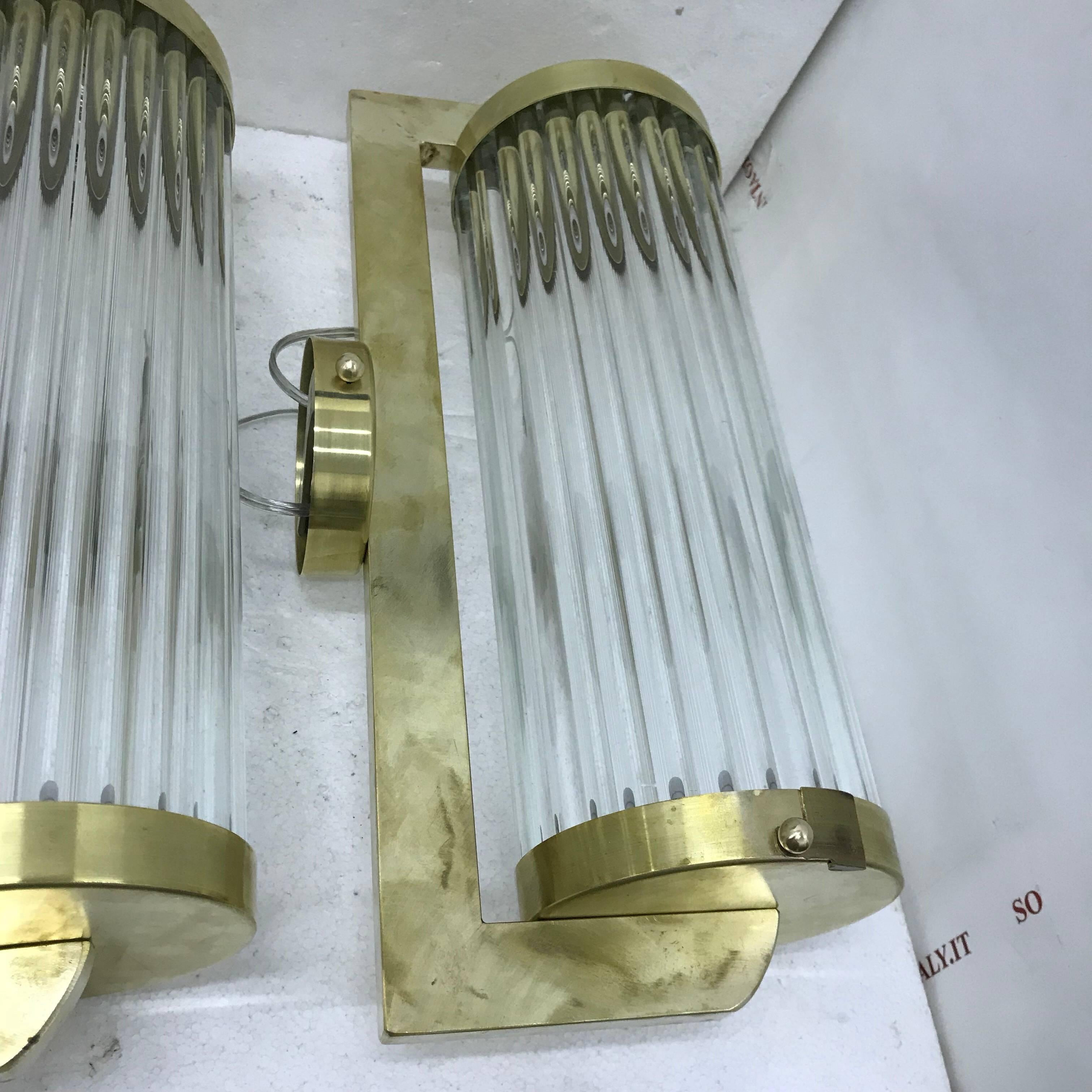 Two Italians Art Deco Style Brass and Glass Wall Sconces, circa 1960 In Excellent Condition In Aci Castello, IT