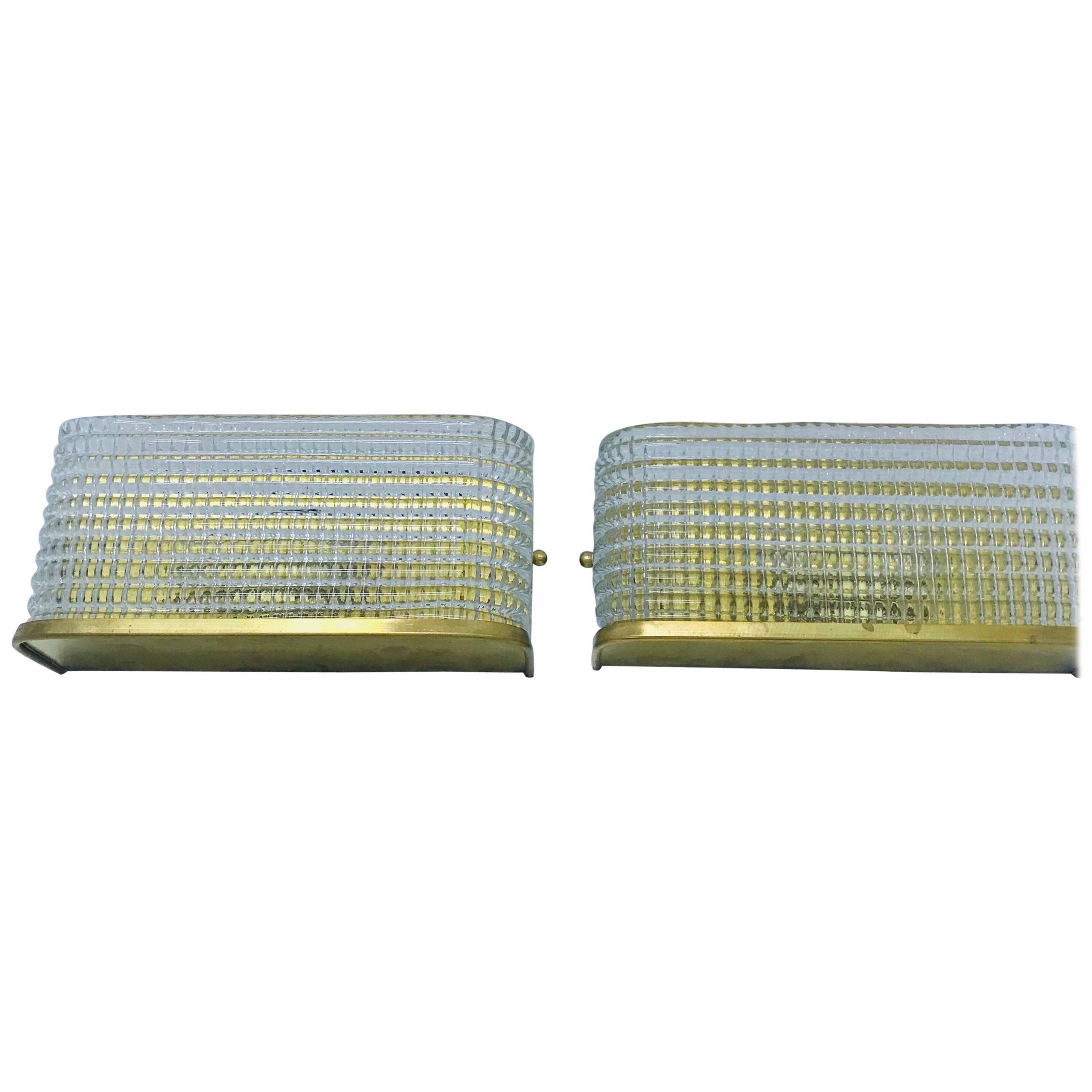 Two Mid-Century Modern Italian Brass and Glass Rectangular Wall Sconces, 1970