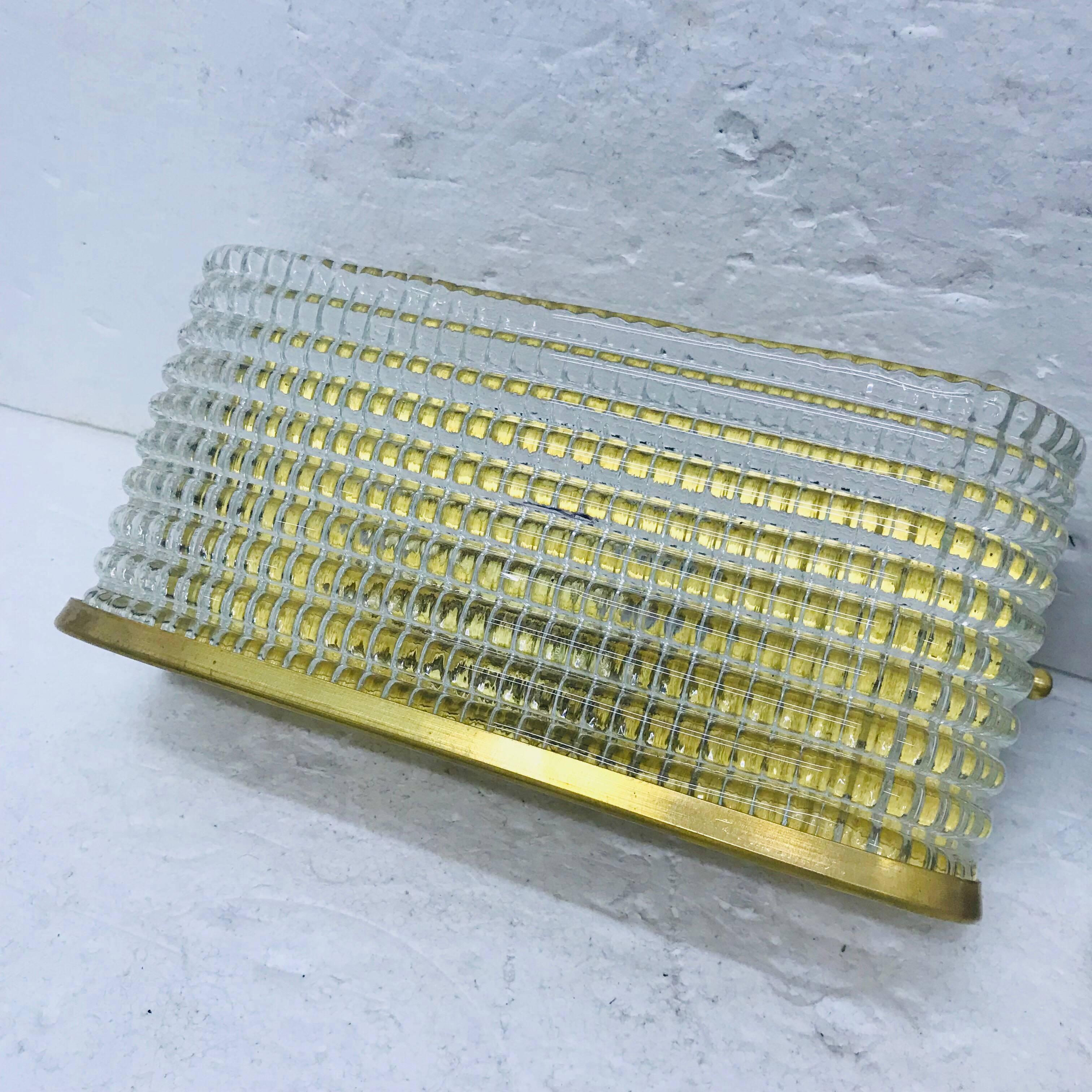 Hand-Crafted Two Mid-Century Modern Italian Brass and Glass Rectangular Wall Sconces, 1970