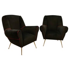 Set of Two Mid-Century Modern Black and Red Velvet Italian Armchairs, 1950s
