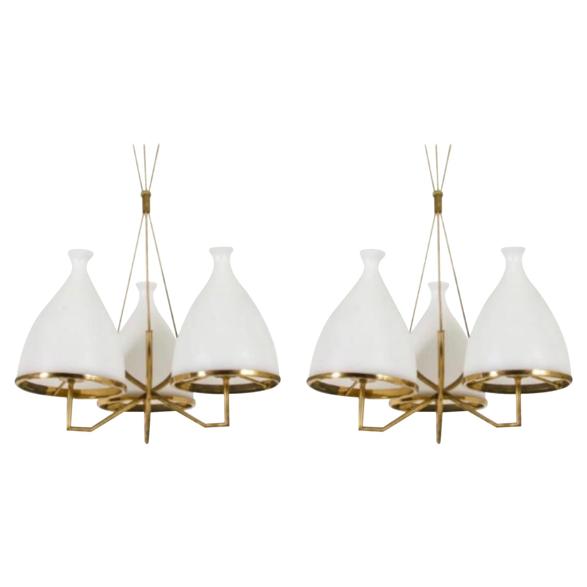 Set of Two Stilnovo Attributed Brass and White Glass Chandeliers, circa 1958