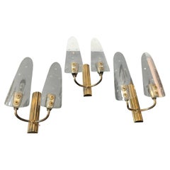 1950s Three Mid-Century Modern Brass and Engraved Glass Italian Wall Sconces