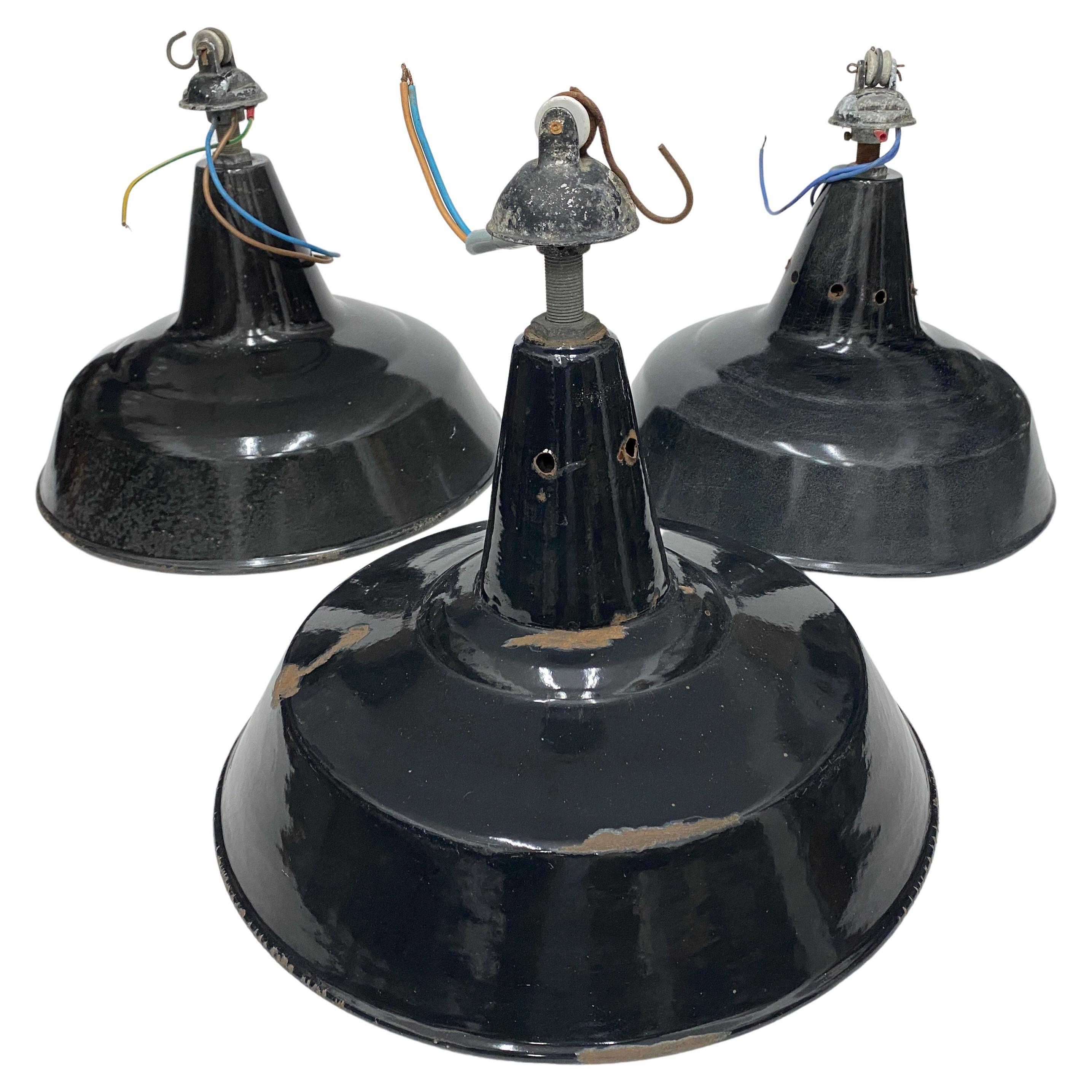 1930s Set of Three Industrial Black Painted Metal Italian Pendants For Sale