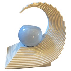 1970s Modernist White Ceramic and Light Blue Glass Italian Wave Table Lamp
