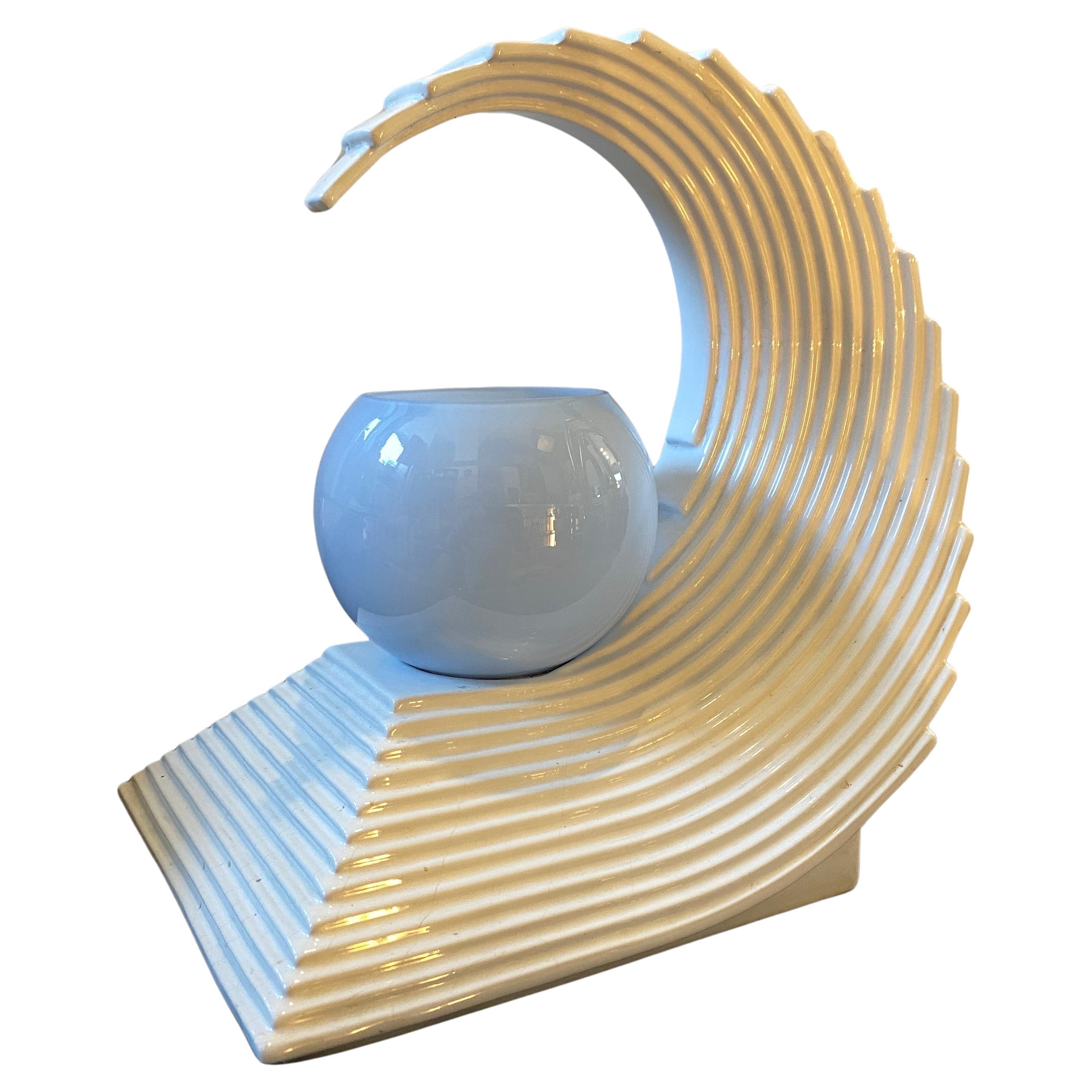 1970s Modernist White Ceramic and Light Blue Glass Italian Wave Table Lamp