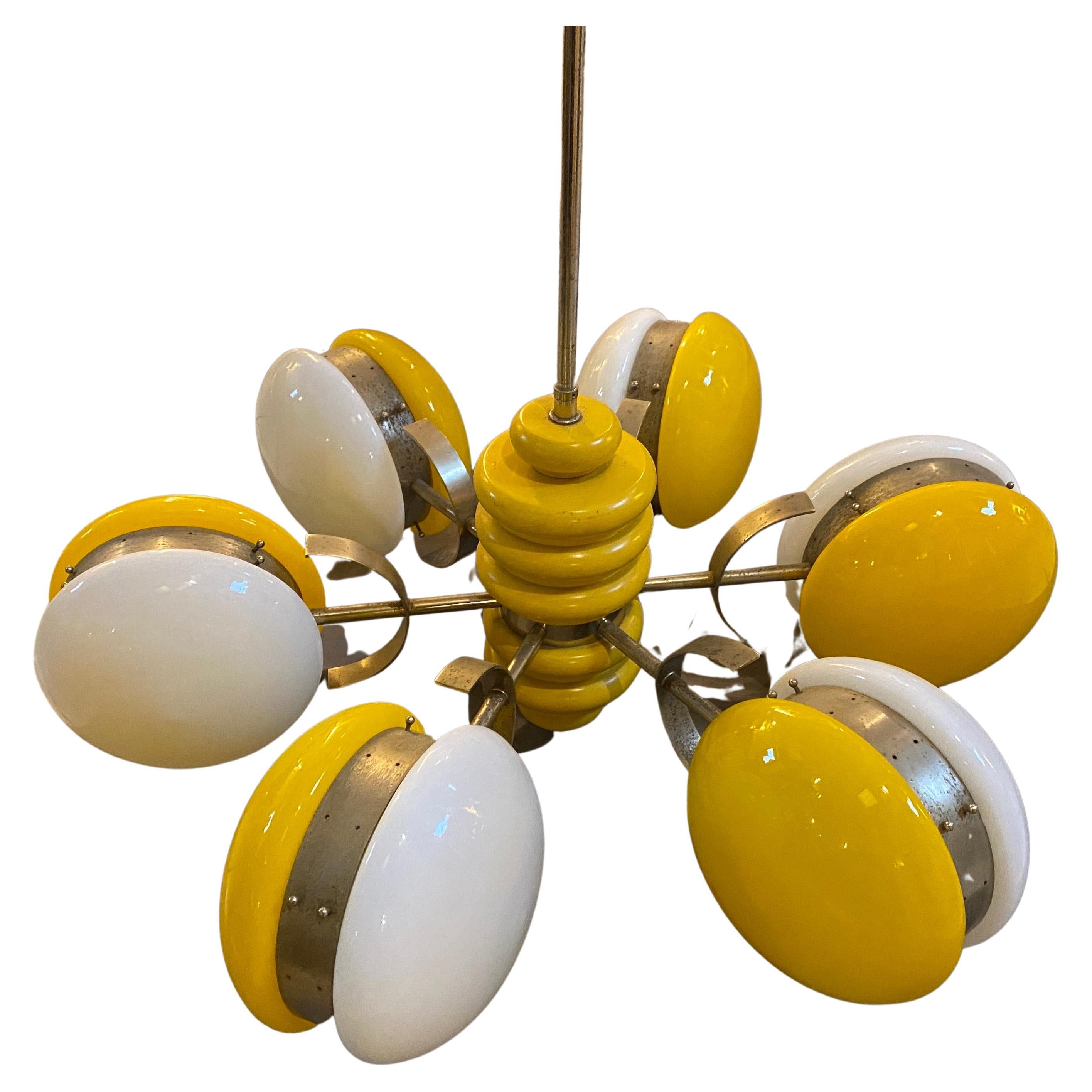 1970s Space Age White and Yellow Six Lights Italian Chandelier