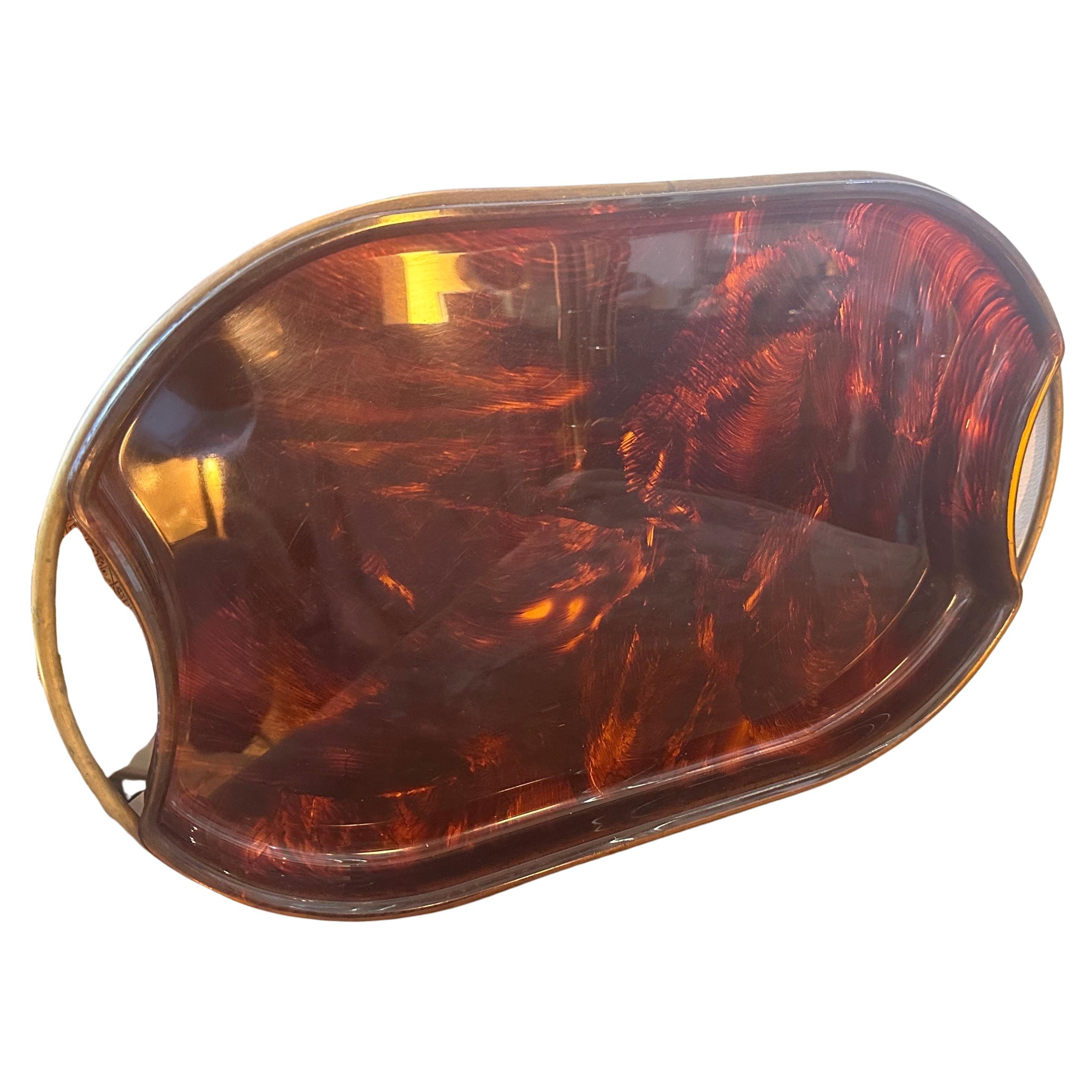 1970s Guzzini Mid-Century Modern Fake Tortoise Lucite and Brass Italian Tray