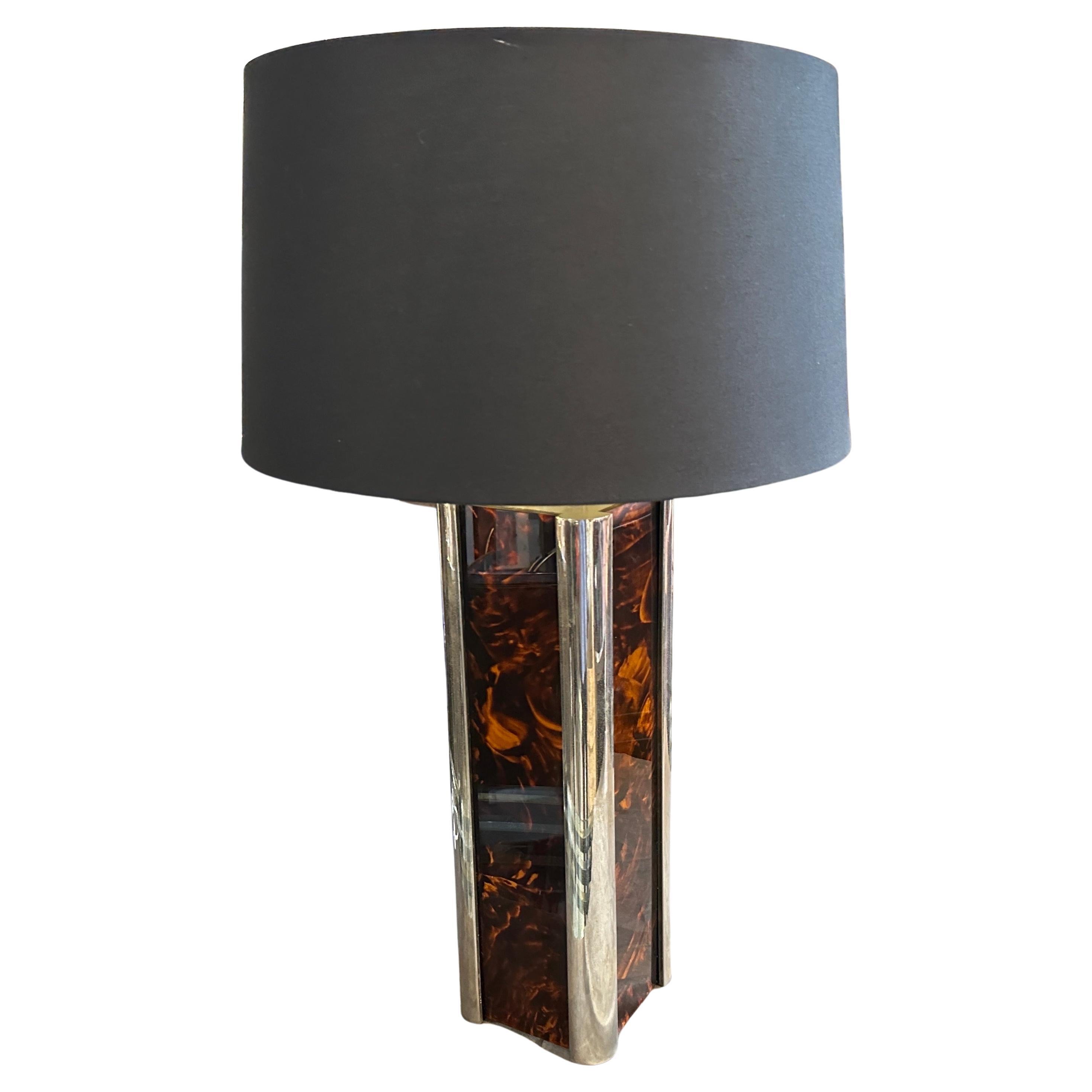 1970s Mid-Century Modern Fake Tortoiseshell Lucite and Silver Plate Table Lamp